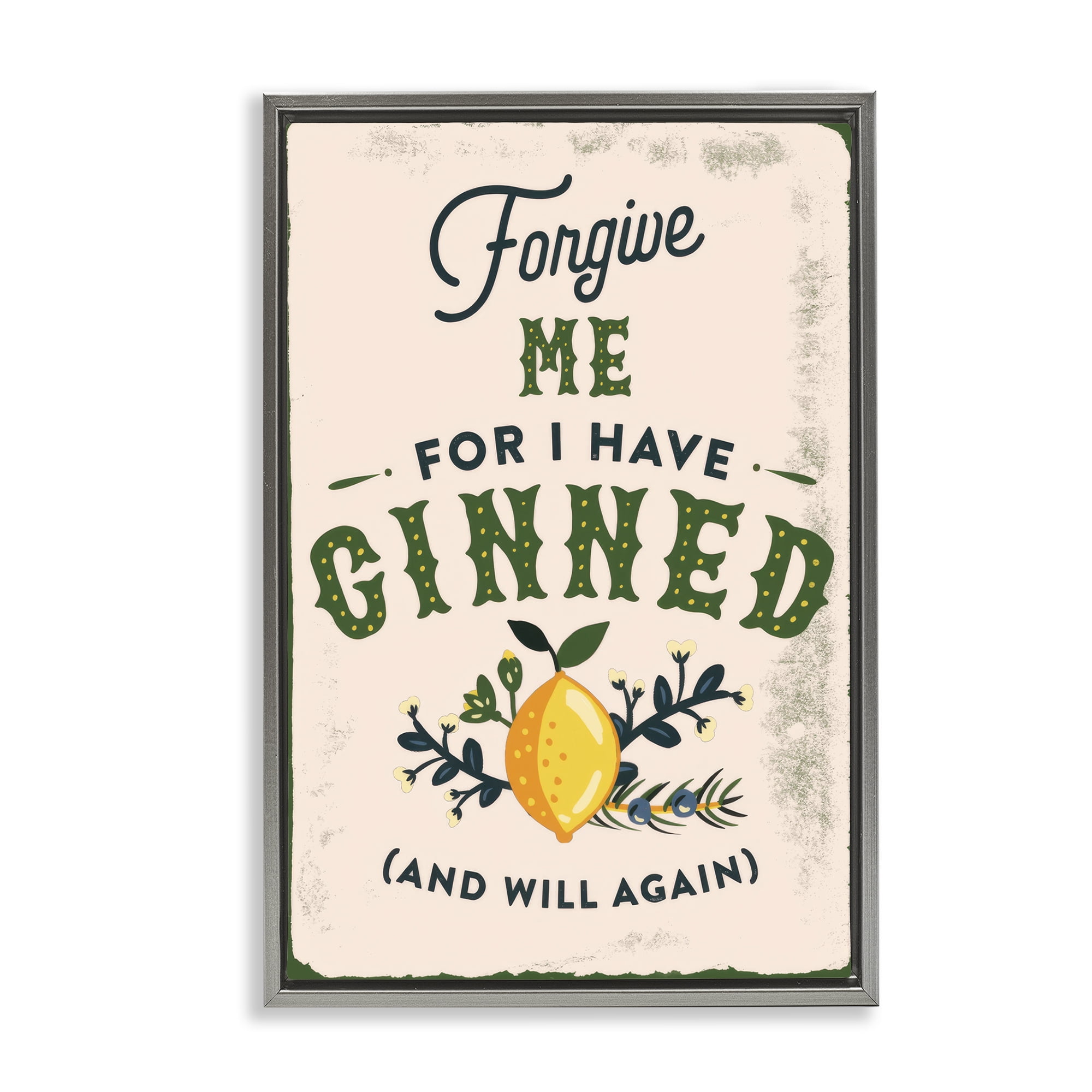 Stupell Industries Forgive Me For I Have Ginned Food & Beverage Painting Gray Floater Framed Canvas Art Print Wall Art, 17 x 25