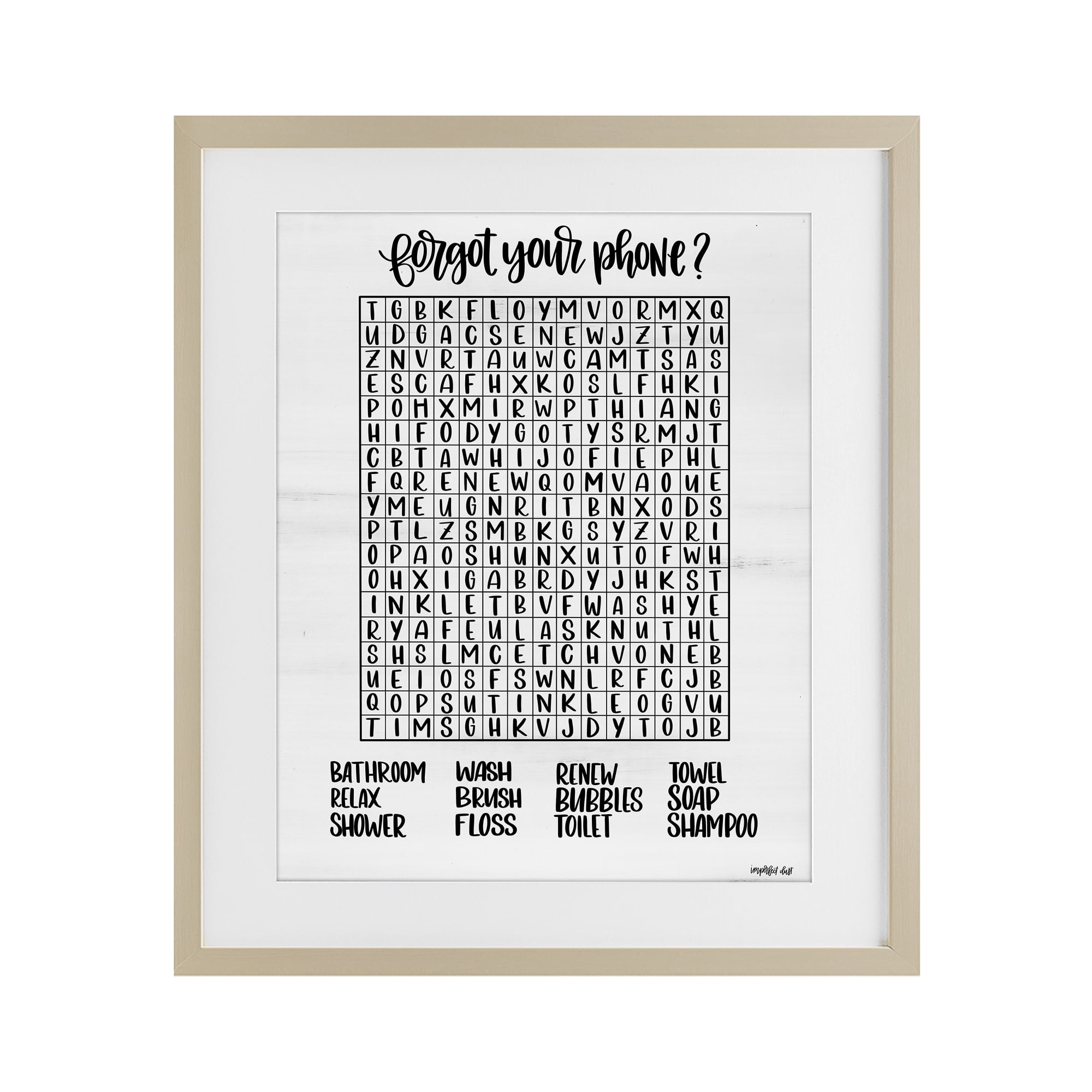 Stupell Industries Forgot Phone Bathroom Wordsearch Birch Framed Print Under Glass, design by Imperfect Dust