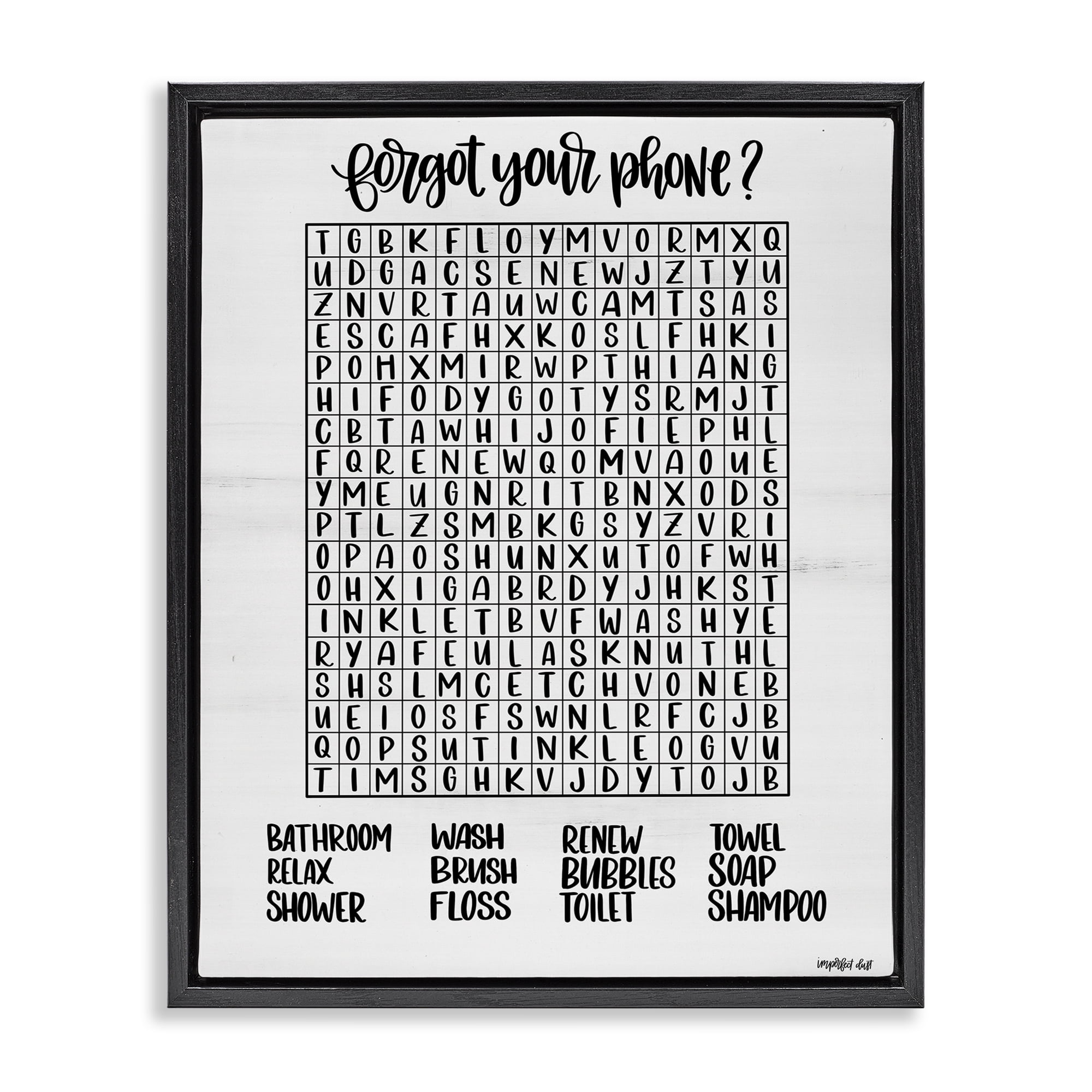 Stupell Industries Forgot Phone Bathroom Wordsearch Black Framed Floater Canvas Wall Art, design by Imperfect Dust