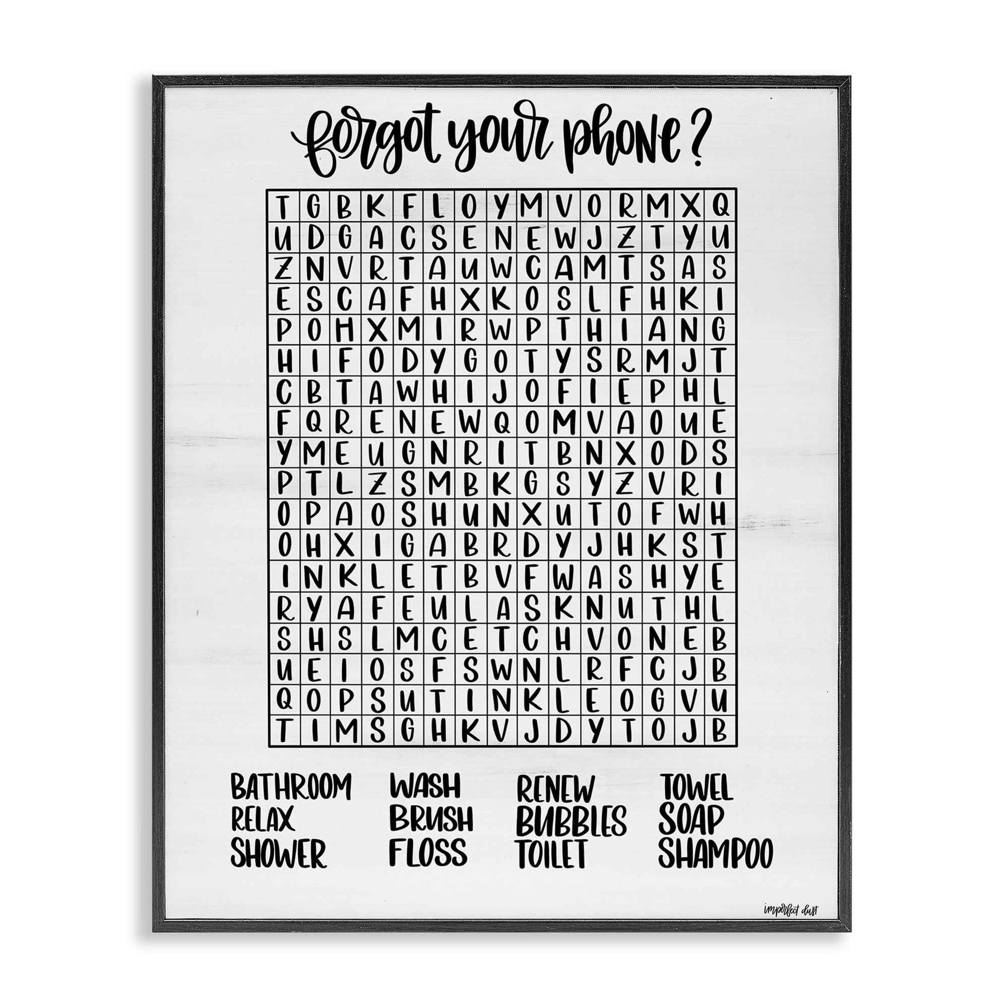 Stupell Industries Forgot Phone Bathroom Wordsearch Black Framed Giclee Art, design by Imperfect Dust