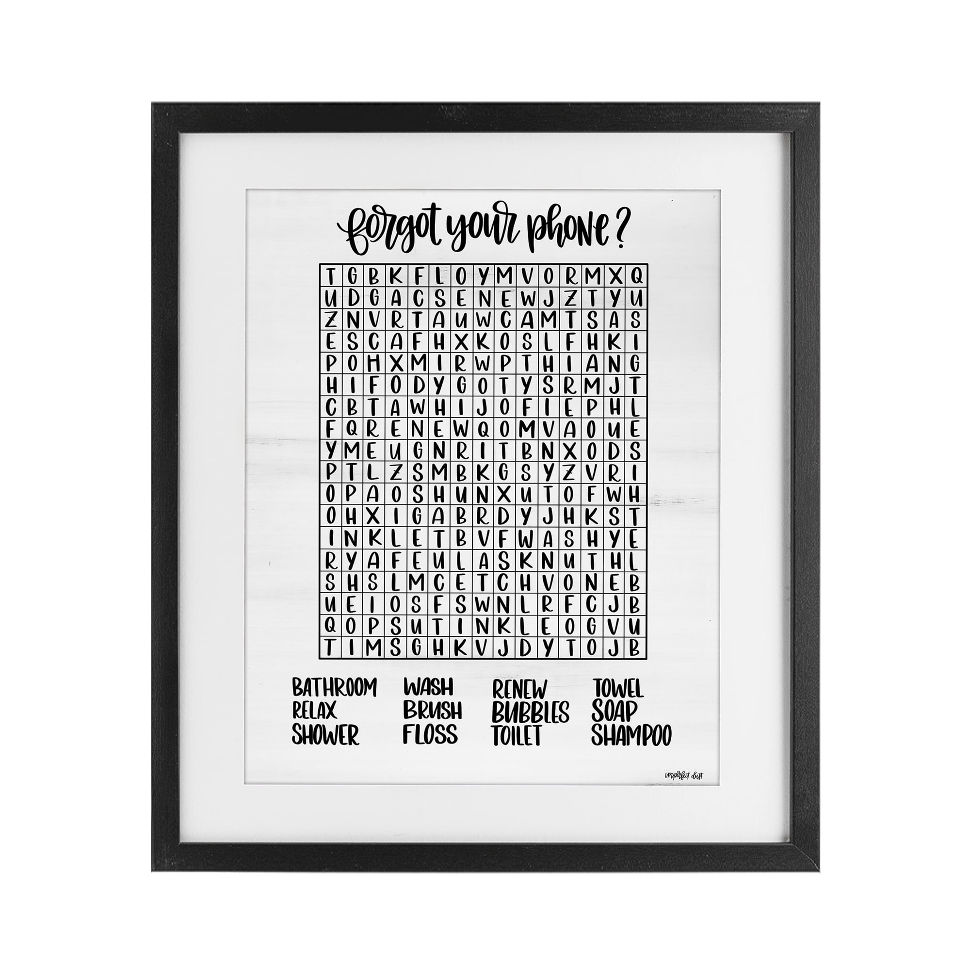 Stupell Industries Forgot Phone Bathroom Wordsearch Black Framed Print Under Glass, design by Imperfect Dust