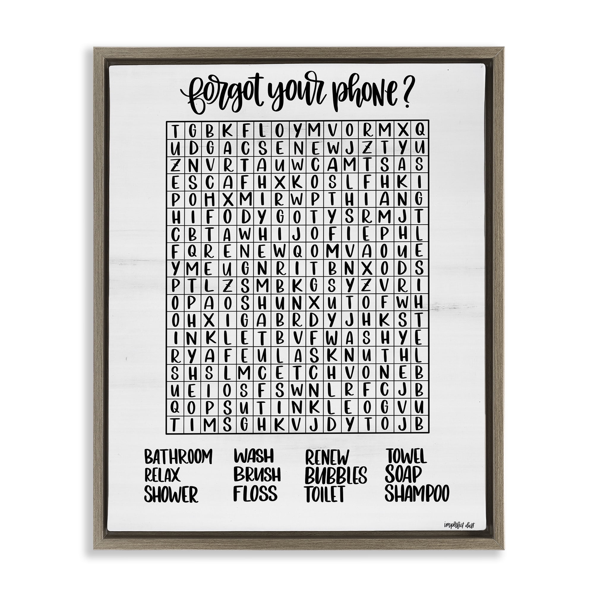 Stupell Industries Forgot Phone Bathroom Wordsearch Brown Framed Floater Canvas Wall Art, design by Imperfect Dust