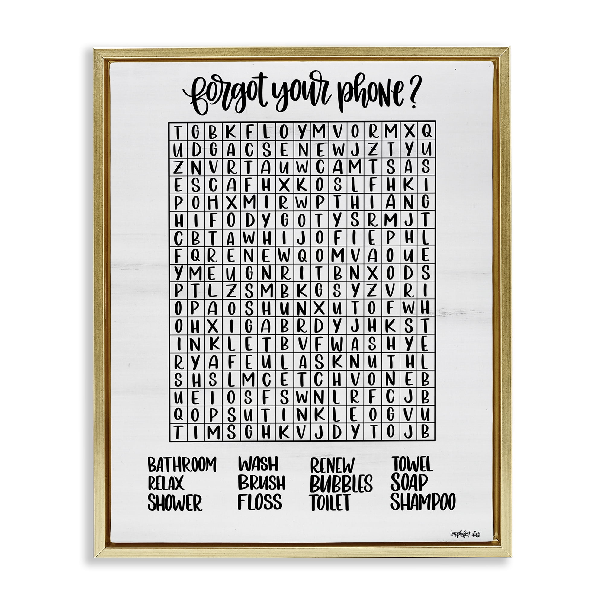 Stupell Industries Forgot Phone Bathroom Wordsearch Gold Framed Floater Canvas Wall Art, design by Imperfect Dust