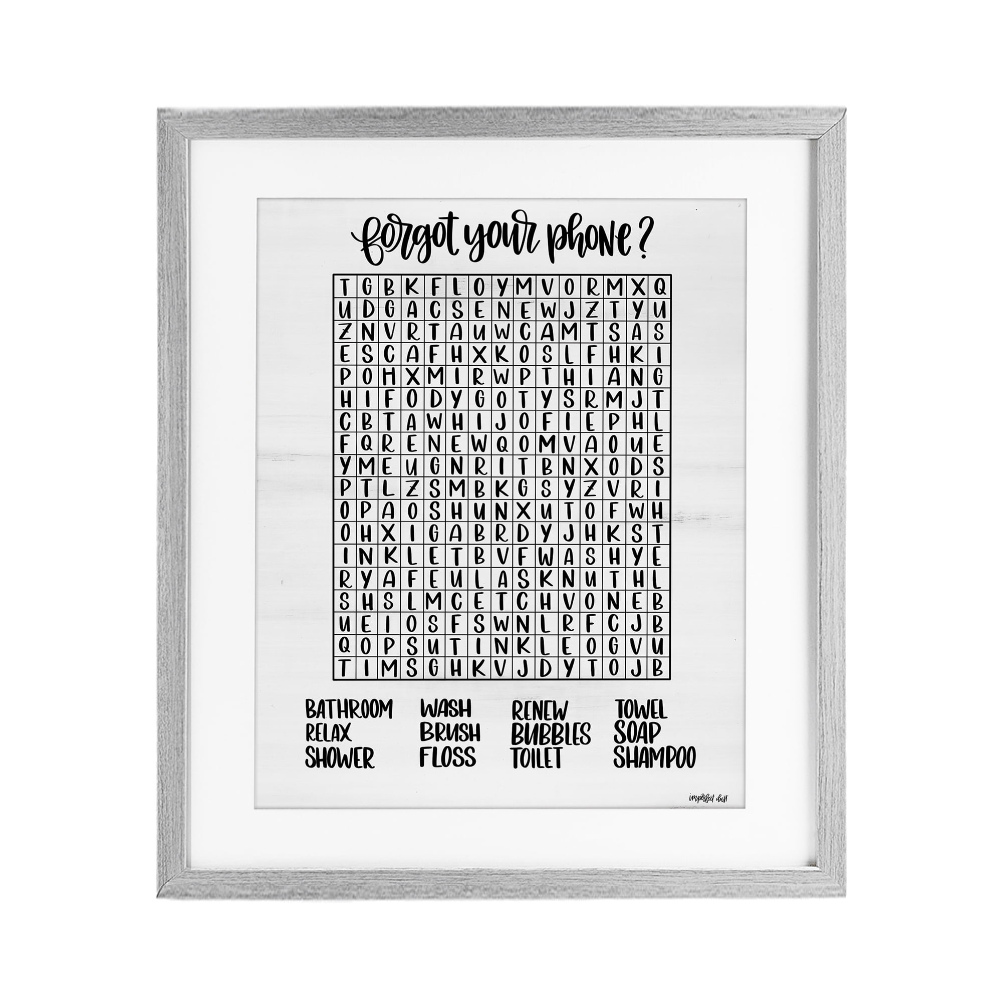 Stupell Industries Forgot Phone Bathroom Wordsearch Gray Framed Print Under Glass, design by Imperfect Dust