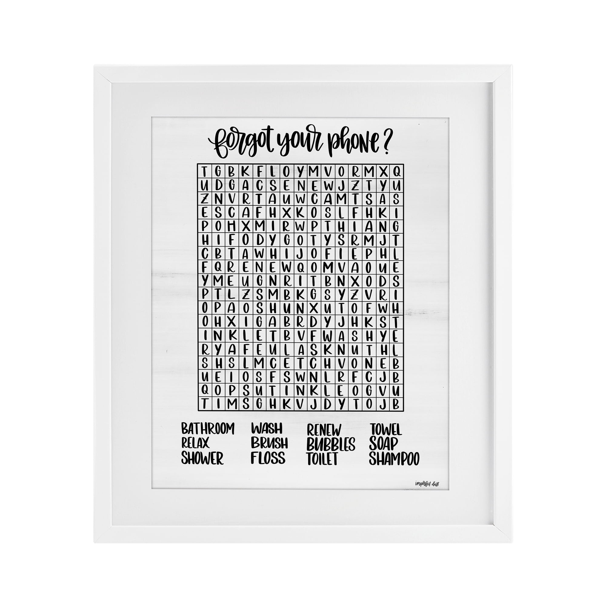 Stupell Industries Forgot Phone Bathroom Wordsearch White Framed Print Under Glass, design by Imperfect Dust