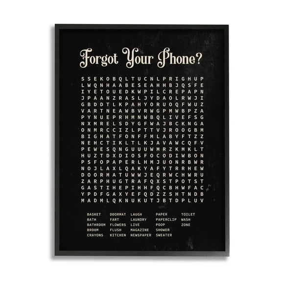 Stupell Industries Forgot Your Phone Crossword Activity Distressed Black Inspirational Painting Black Framed Art Print Wall Art, 11 x 14