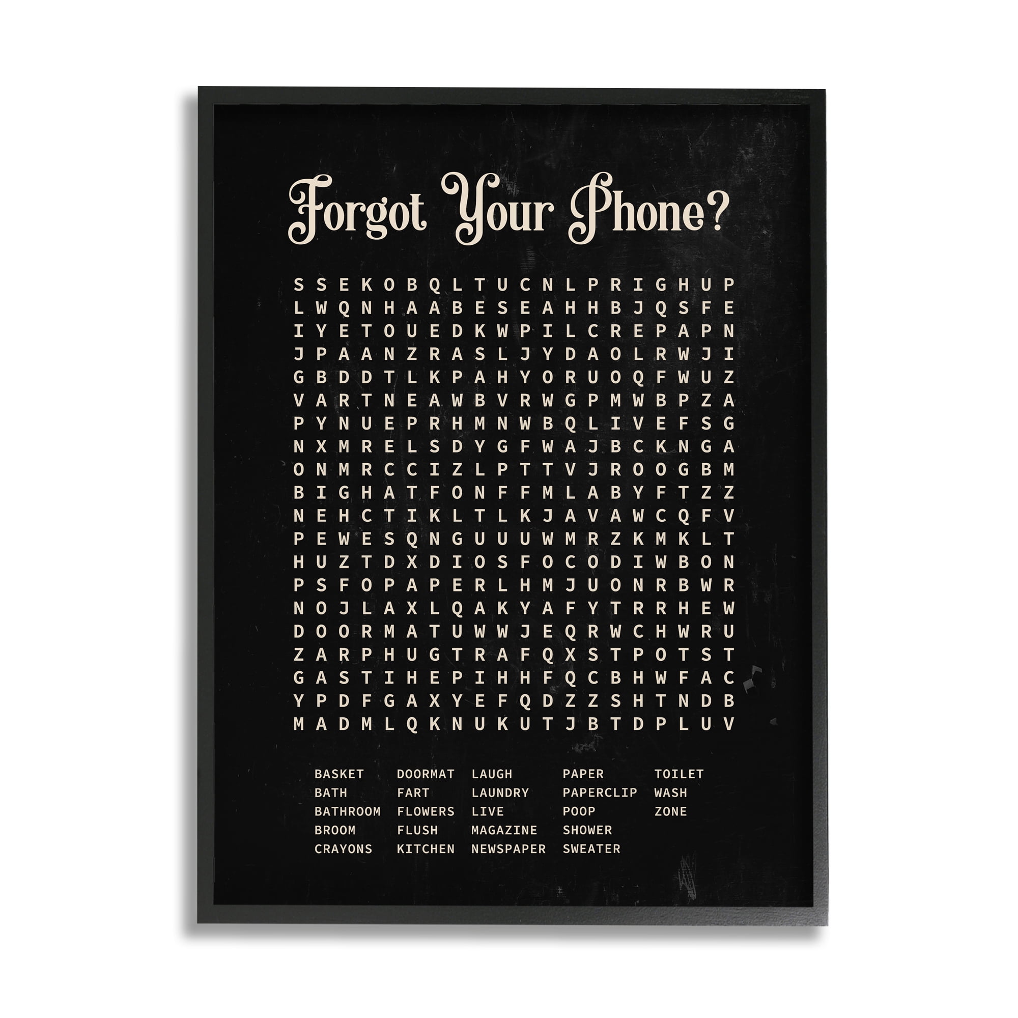 Stupell Industries Forgot Your Phone Crossword Activity Distressed Black Inspirational Painting Black Framed Art Print Wall Art, 24 x 30