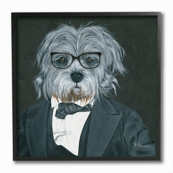 Stupell Industries Formal Dog in Suit Classy Menswear Glasses Portrait Framed Wall Art Design by Hollihocks Art, 12" x 12", Black Framed