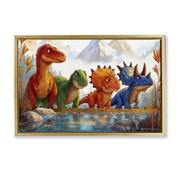 Stupell Industries Four Dinos By The Pond Gold Framed Floater Canvas Wall Art, design by Wumples