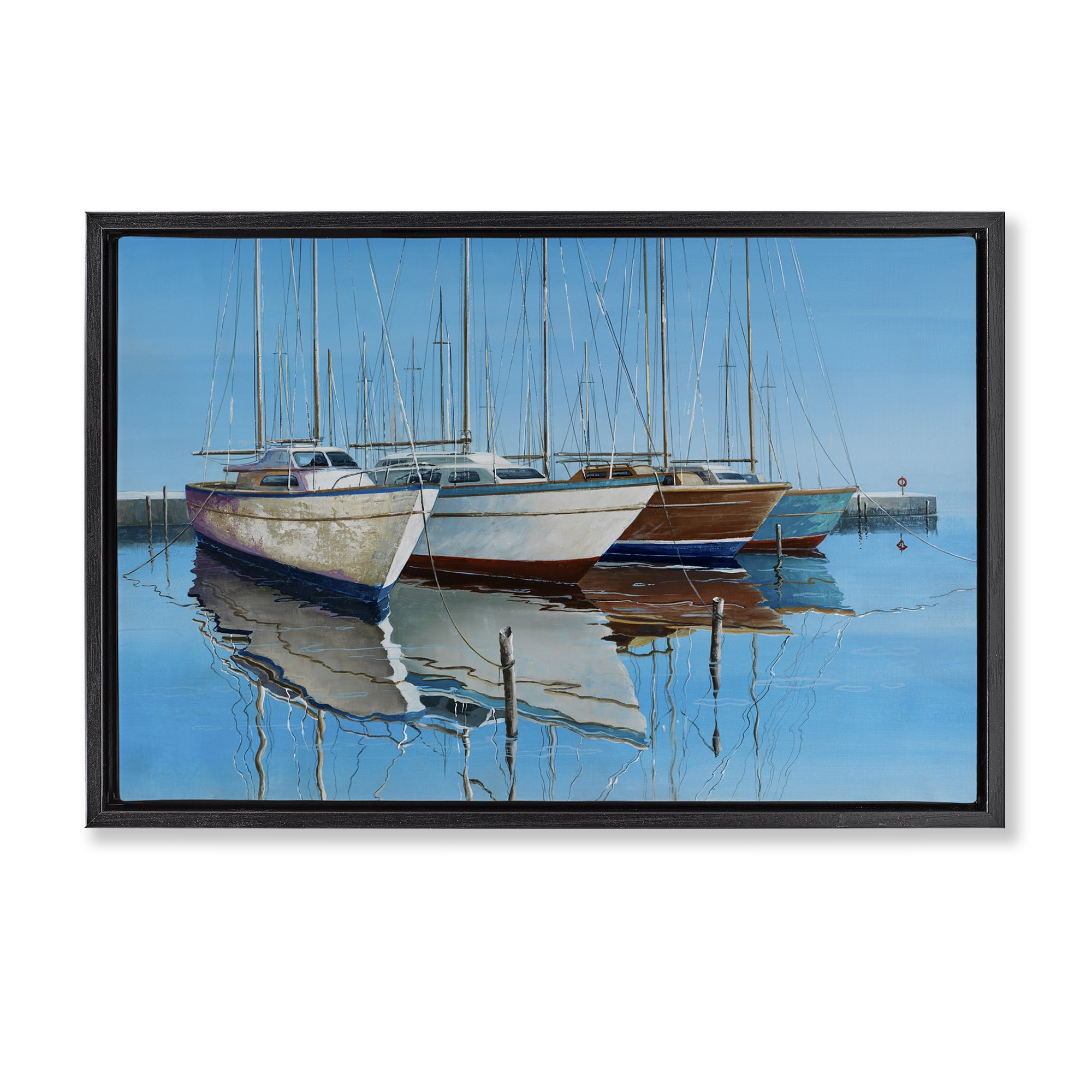 Stupell Industries Four Docked Boats Reflection Transportation Painting Black Floater Framed Canvas Art Print Wall Art, 25 x 17
