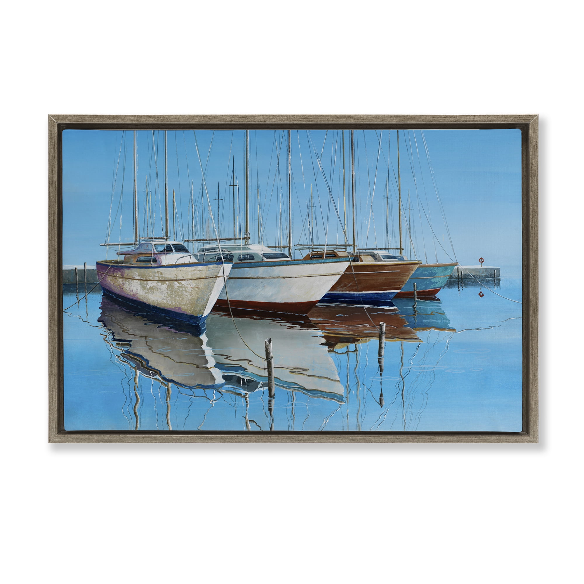 Stupell Industries Four Docked Boats Reflection Transportation Painting Brown Floater Framed Canvas Art Print Wall Art, 31 x 21