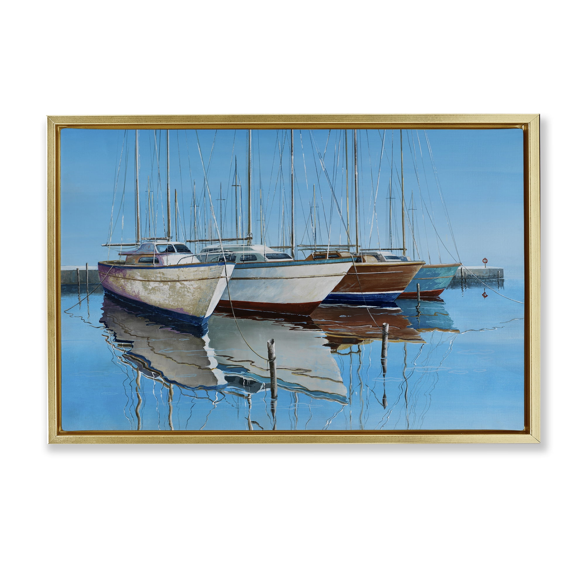 Stupell Industries Four Docked Boats Reflection Transportation Painting Gold Floater Framed Canvas Art Print Wall Art, 31 x 21