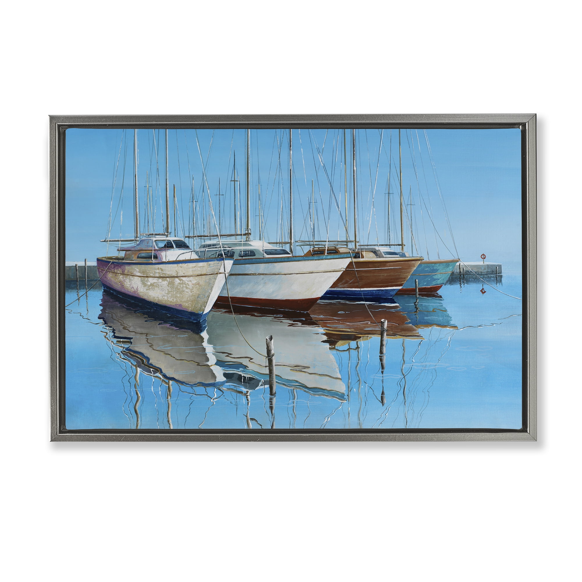 Stupell Industries Four Docked Boats Reflection Transportation Painting Gray Floater Framed Canvas Art Print Wall Art, 31 x 21