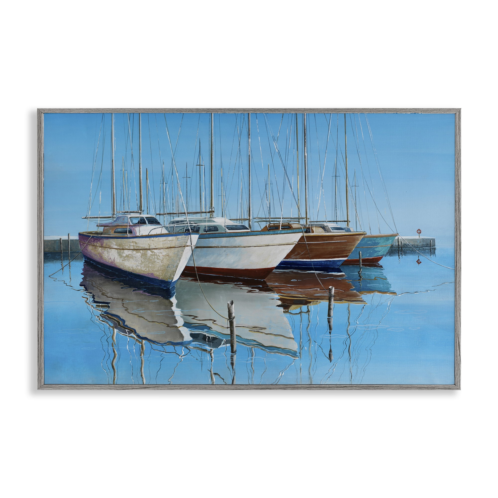 Stupell Industries Four Docked Boats Reflection Transportation Painting Gray Framed Art Print Wall Art, 30 x 20