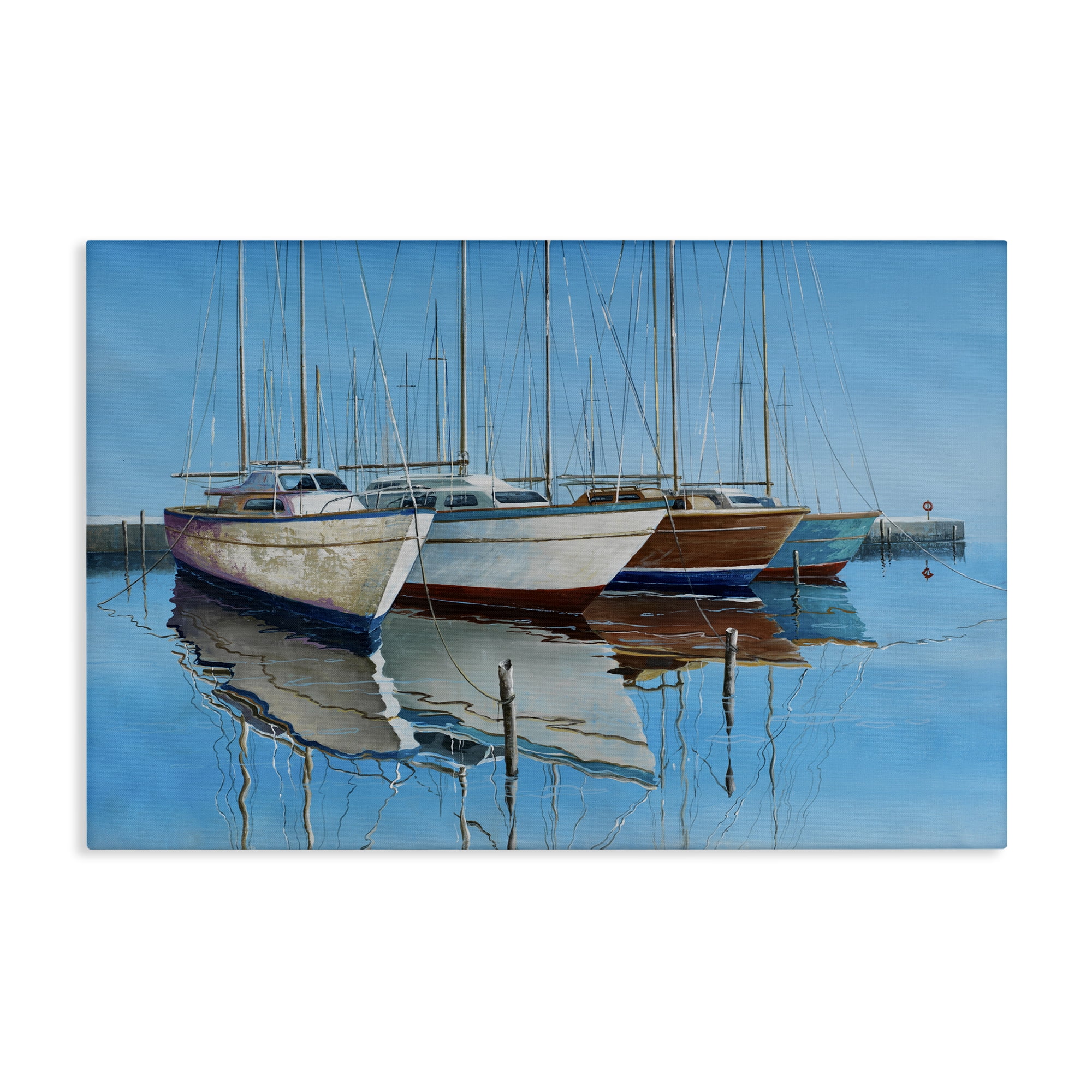 Stupell Industries Four Docked Boats Reflection Transportation Painting Wrapped Canvas Art Print Wall Art, 45 x 30