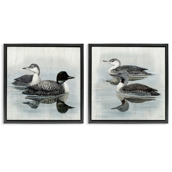 Stupell Industries Four Loons in Lake Animals Painting Black Floater Framed Canvas Art Print Wall Art, 18 x 18, Set of 2