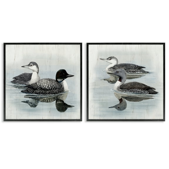 Stupell Industries Four Loons in Lake Animals Painting Black Framed Art Print Wall Art, 12 x 12, Set of 2