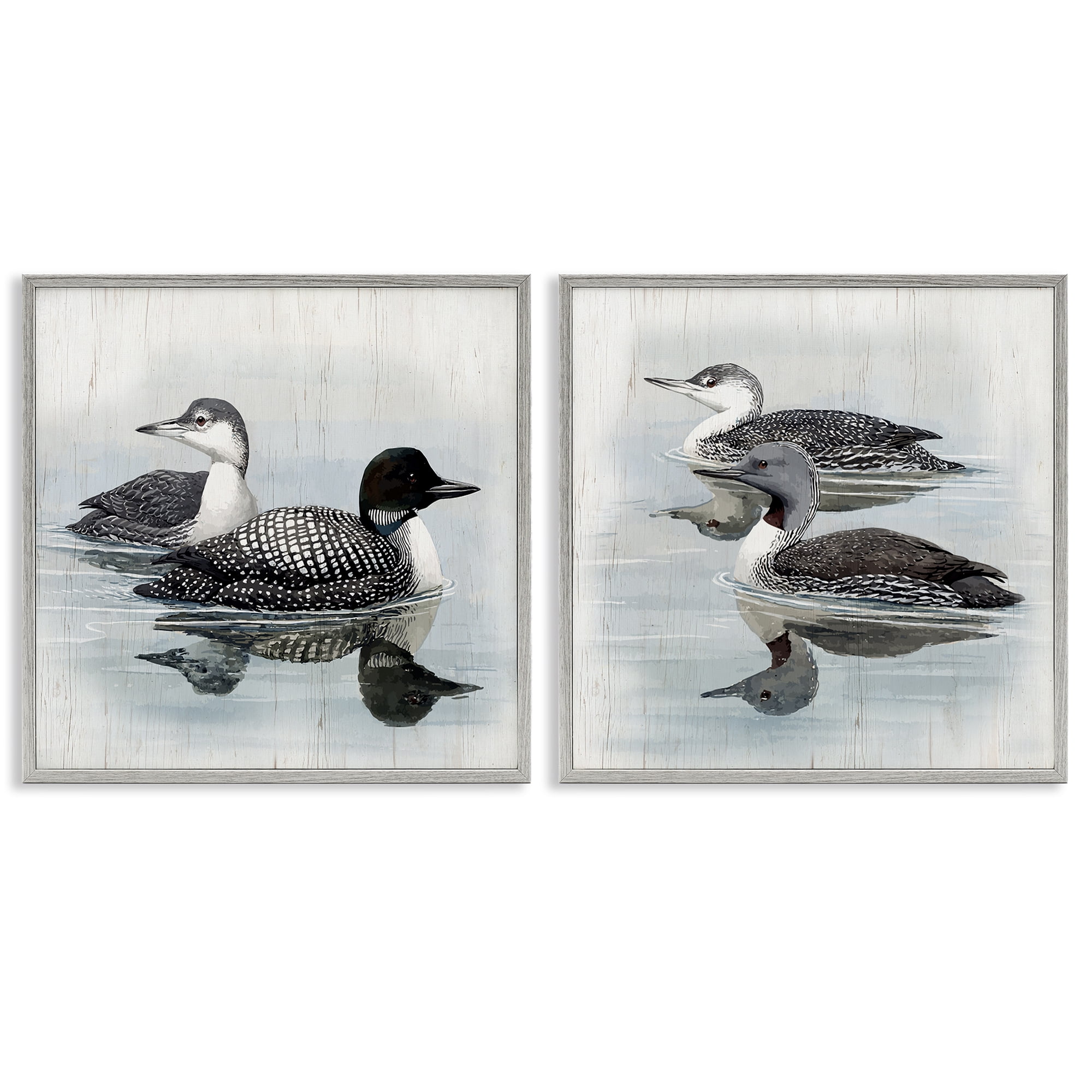 Stupell Industries Four Loons in Lake Animals Painting Gray Framed Art Print Wall Art, 24 x 24, Set of 2