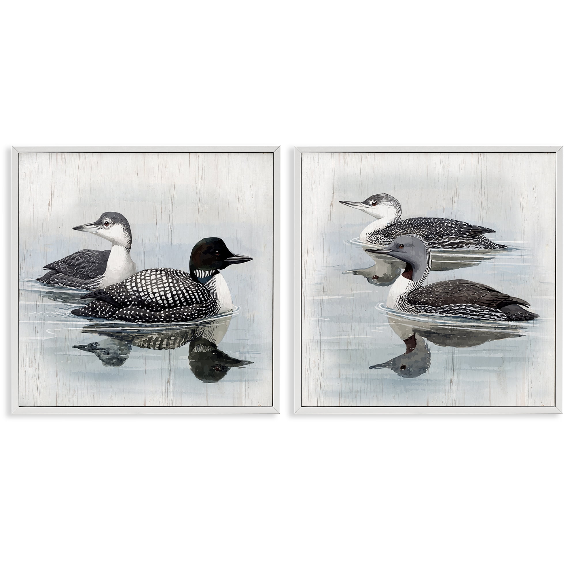 Stupell Industries Four Loons in Lake Animals Painting White Framed Art Print Wall Art, 12 x 12, Set of 2