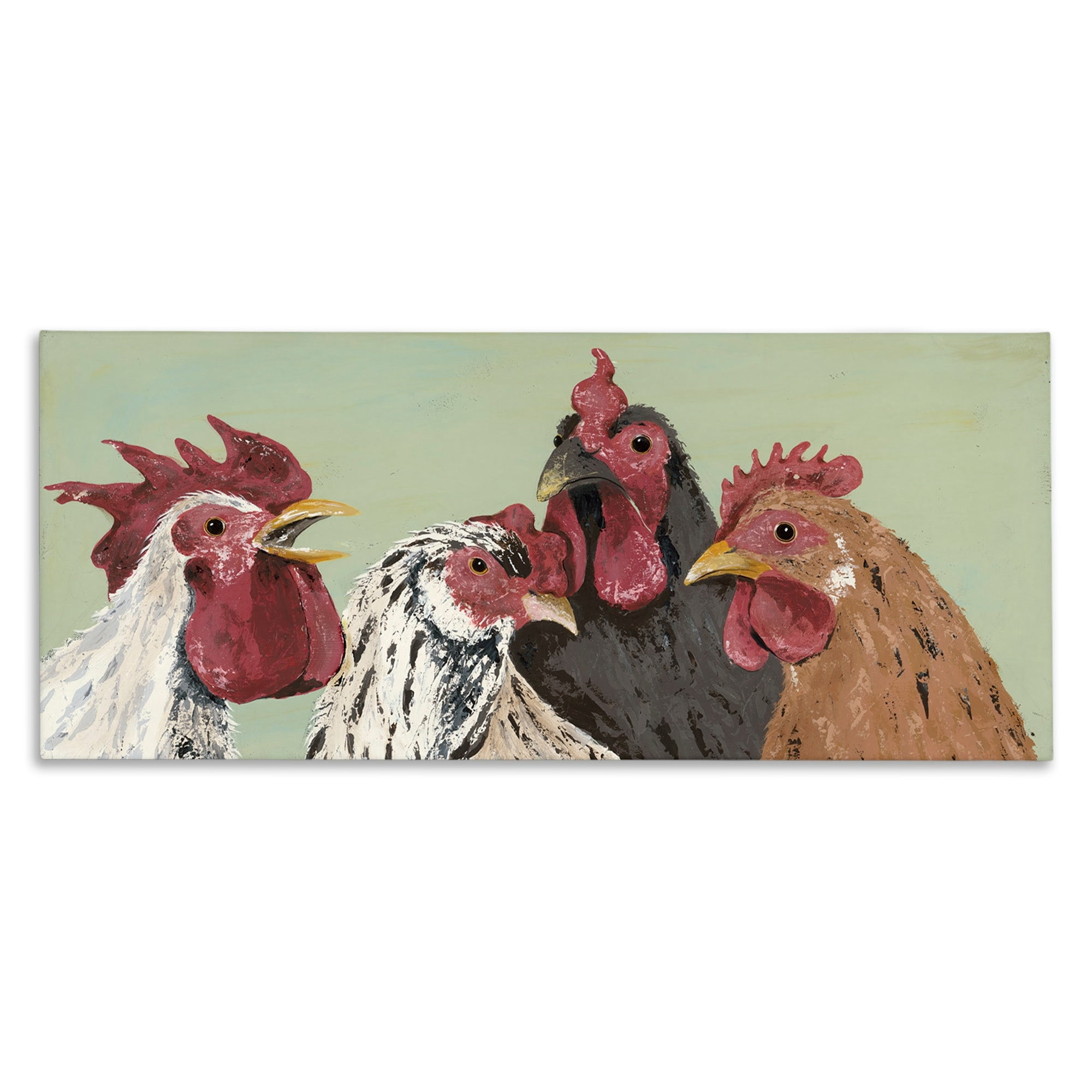 Stupell Industries Four Roosters Clucking Farm Birds over Green,10 x 24,Designed by Jade Reynolds