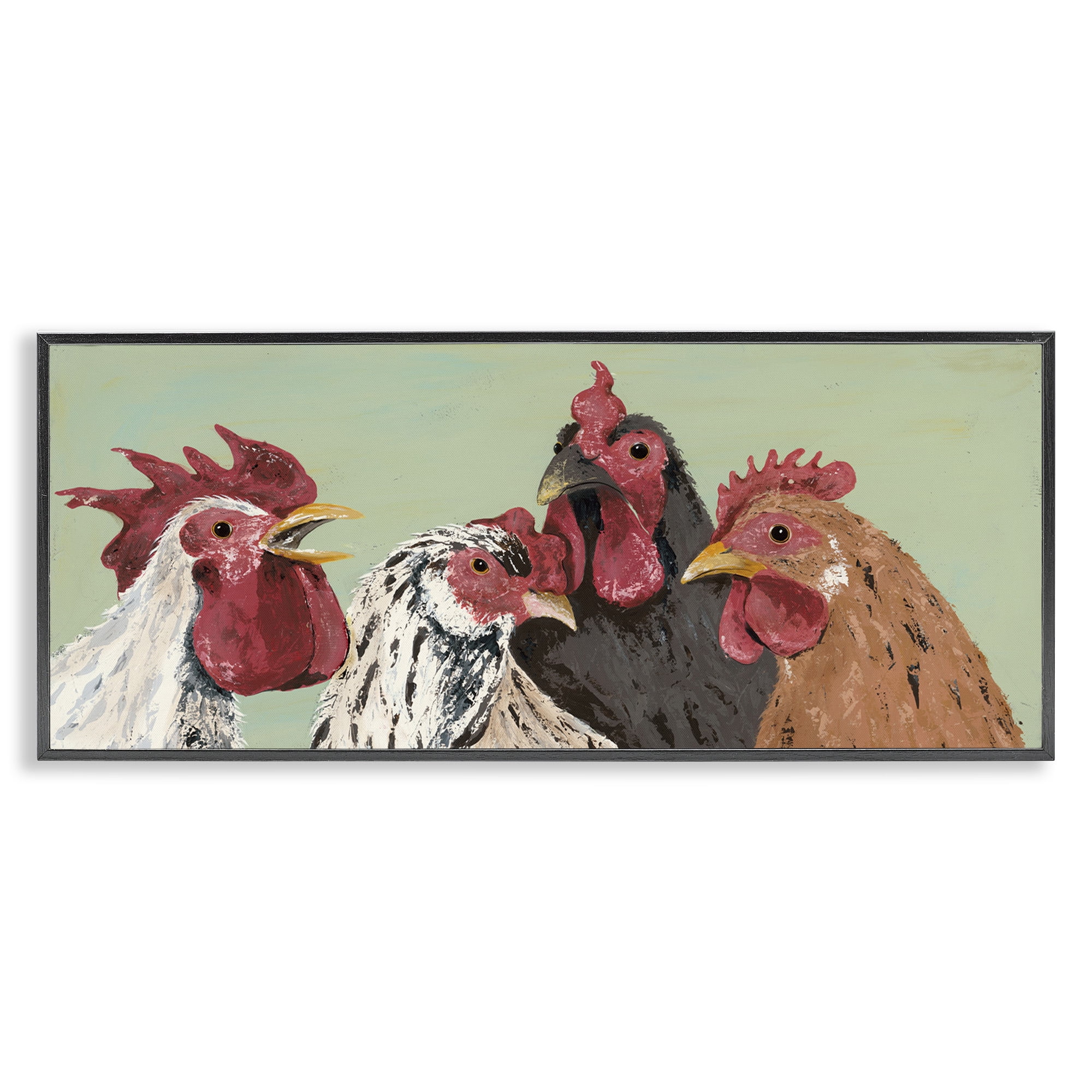 Stupell Industries Four Roosters over Green Animals & Insects Painting Black Framed Art Print Wall Art, 30 x 13