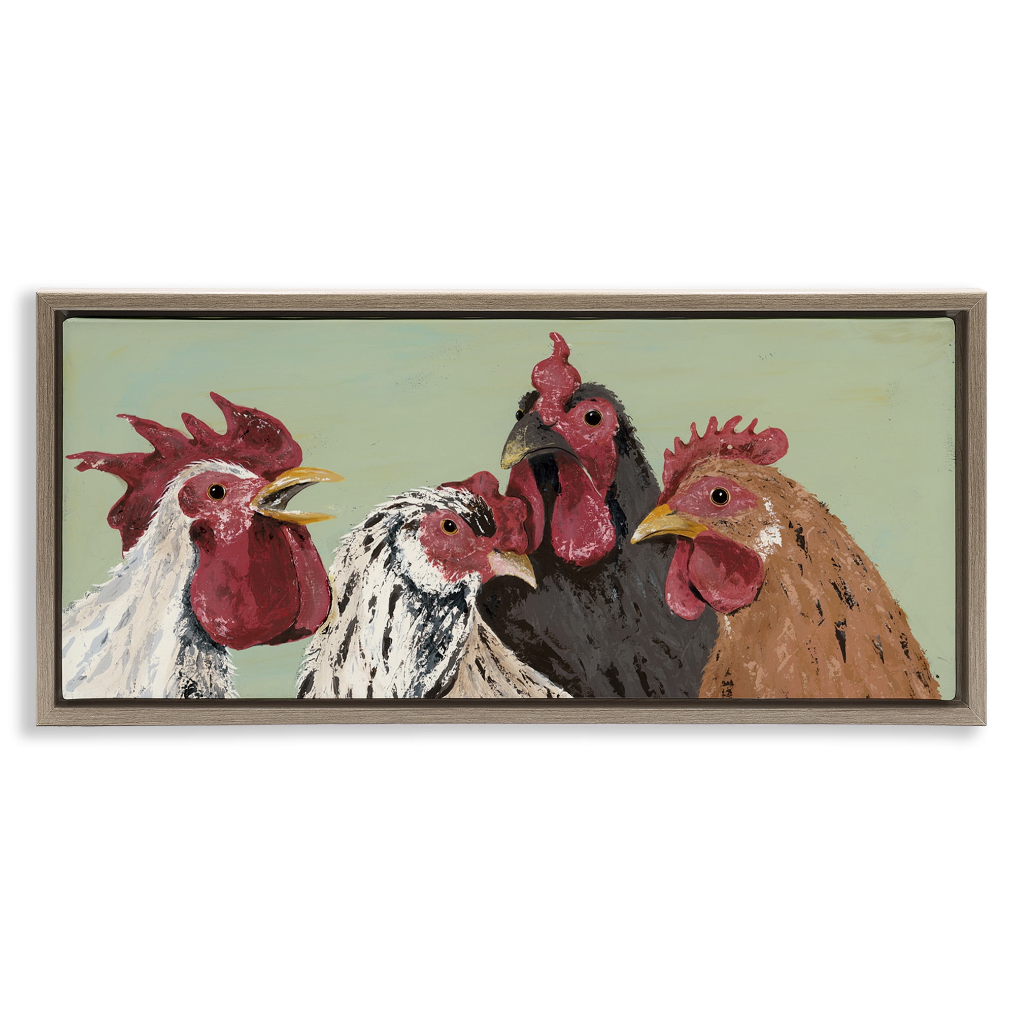 Stupell Industries Four Roosters over Green Animals & Insects Painting Brown Floater Framed Canvas Art Print Wall Art, 31 x 14
