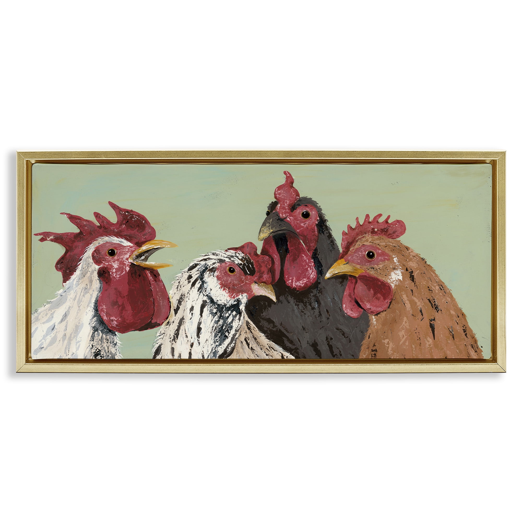 Stupell Industries Four Roosters over Green Animals & Insects Painting Gold Floater Framed Canvas Art Print Wall Art, 31 x 14