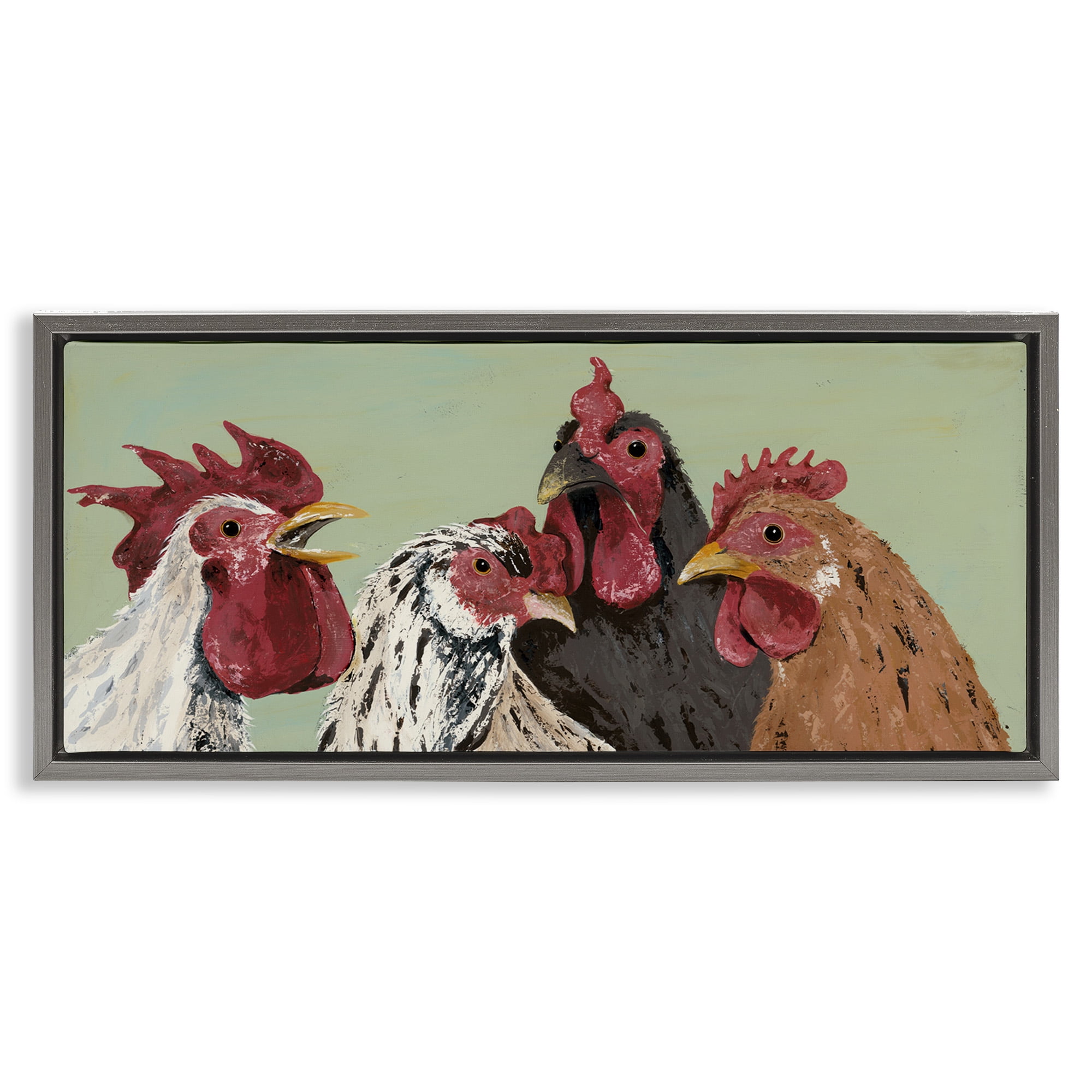 Stupell Industries Four Roosters over Green Animals & Insects Painting Gray Floater Framed Canvas Art Print Wall Art, 25 x 11