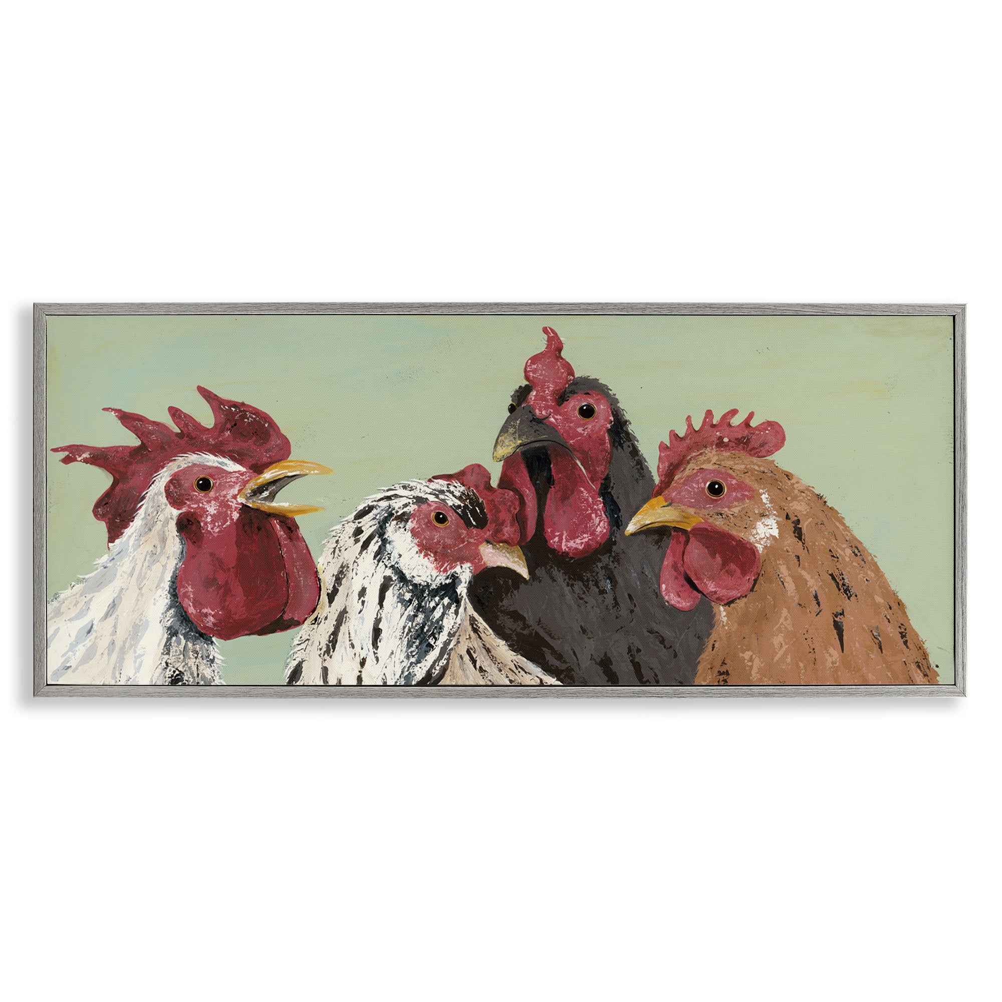 Stupell Industries Four Roosters over Green Animals & Insects Painting Gray Framed Art Print Wall Art, 30 x 13