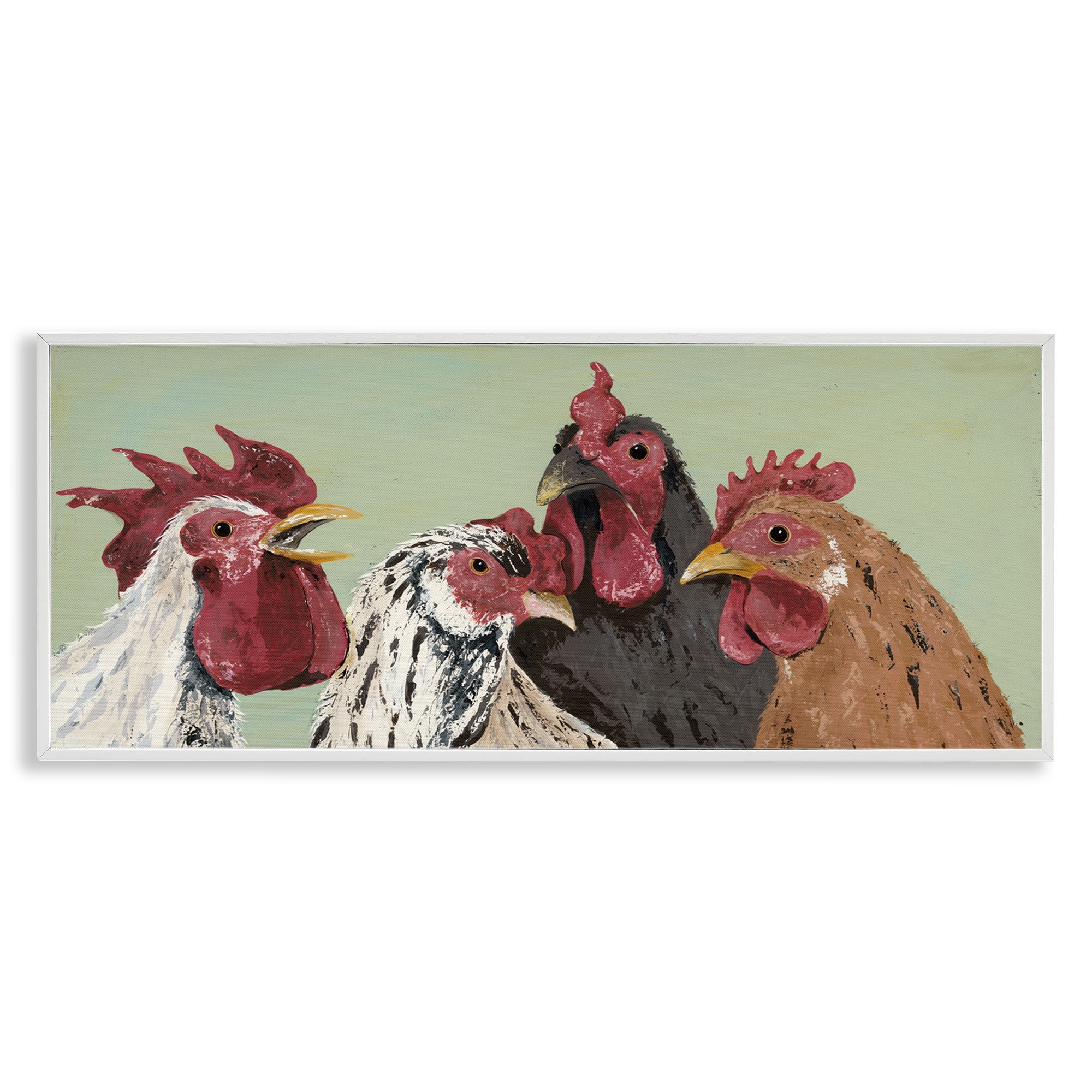 Stupell Industries Four Roosters over Green Animals & Insects Painting White Framed Art Print Wall Art, 24 x 10