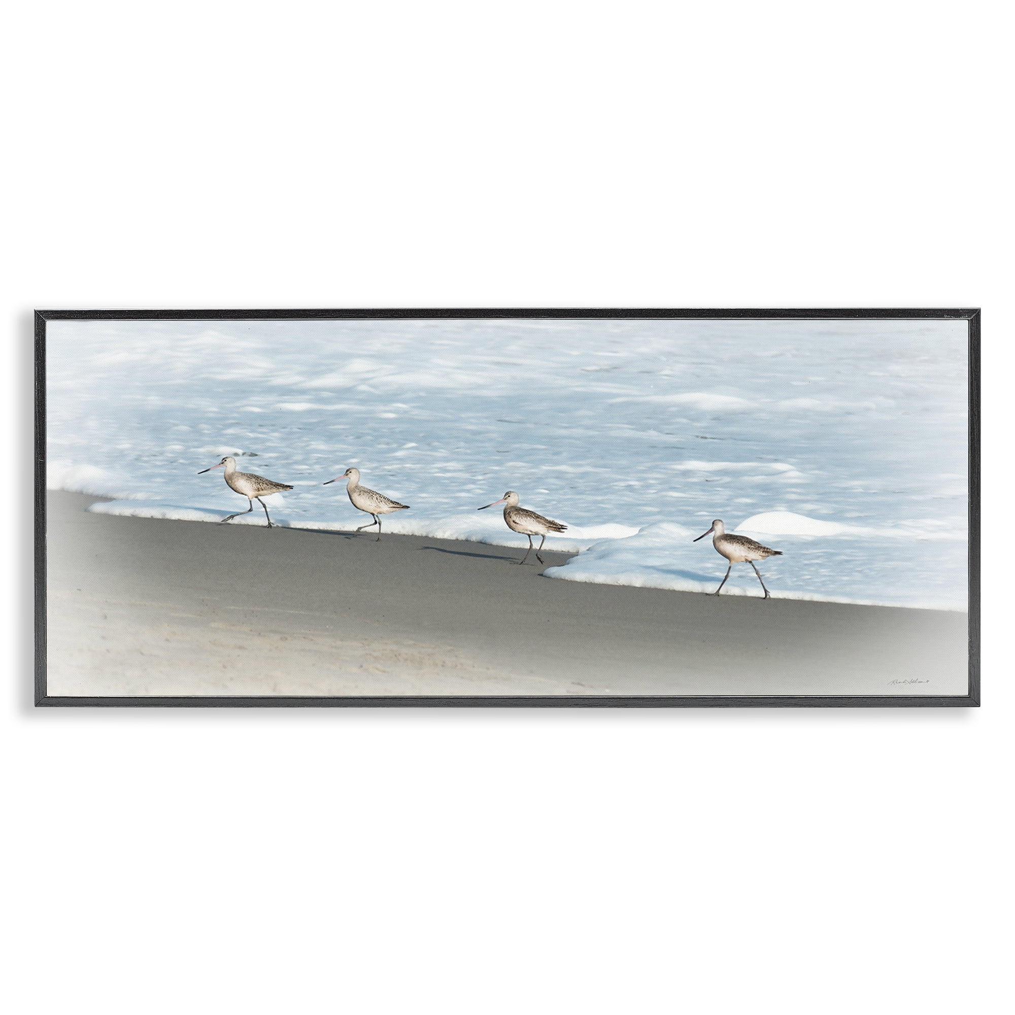 Stupell Industries Four Sandpipers on Beach Nautical & Beach Painting Black Framed Art Print Wall Art, 30 x 13
