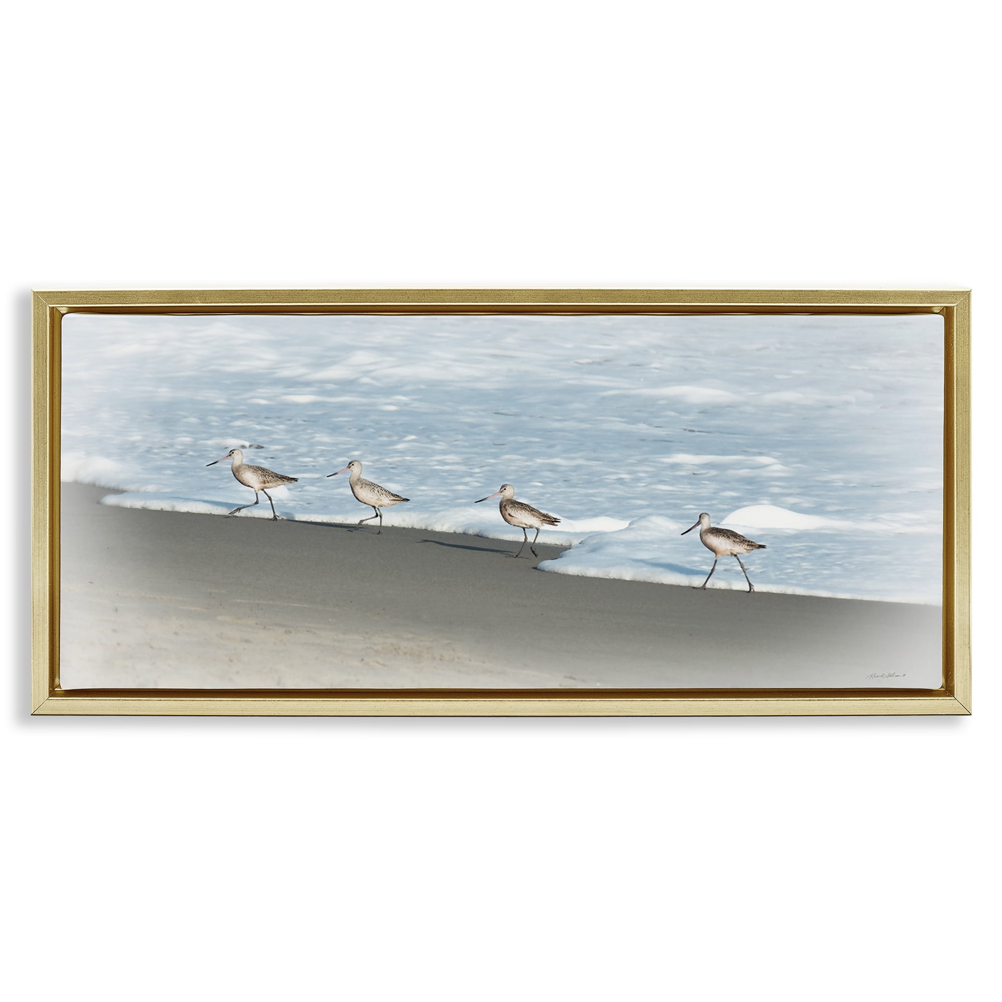 Stupell Industries Four Sandpipers on Beach Nautical & Beach Painting Gold Floater Framed Canvas Art Print Wall Art, 31 x 14