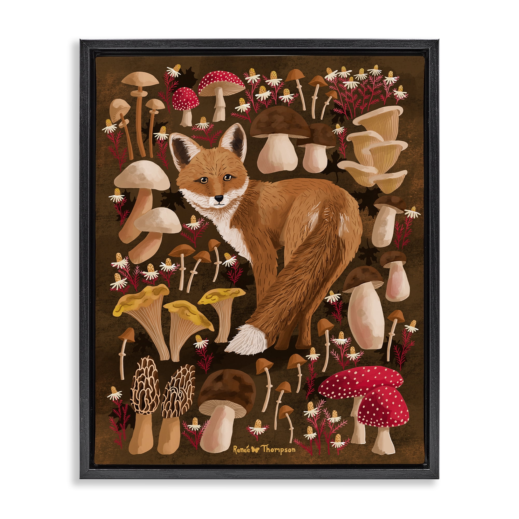 Stupell Industries Fox & Cottage Mushrooms Animals Painting Black Floater Framed Canvas Art Print Wall Art, 25 x 31