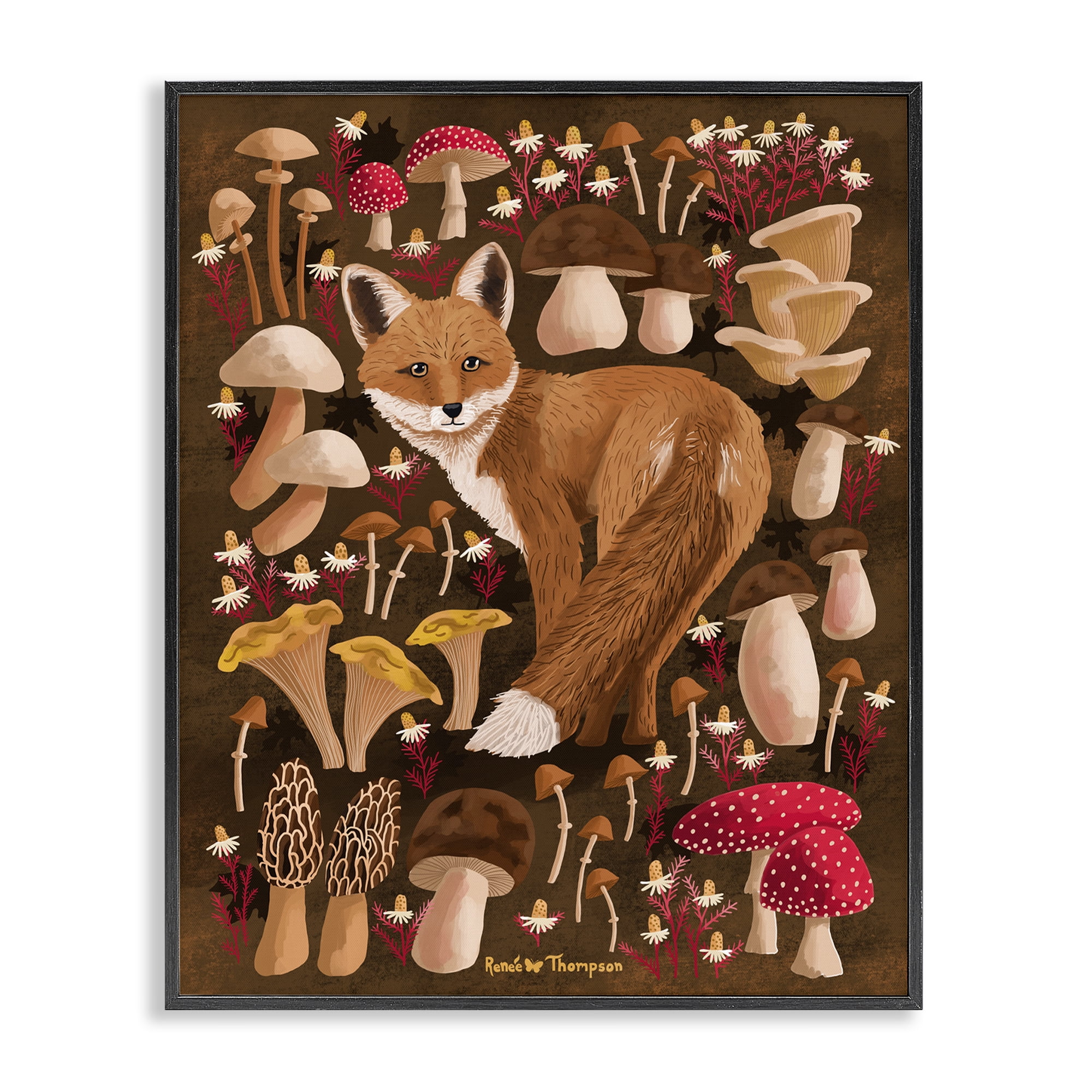 Stupell Industries Fox & Cottage Mushrooms Animals Painting Black Framed Art Print Wall Art, 16 x 20