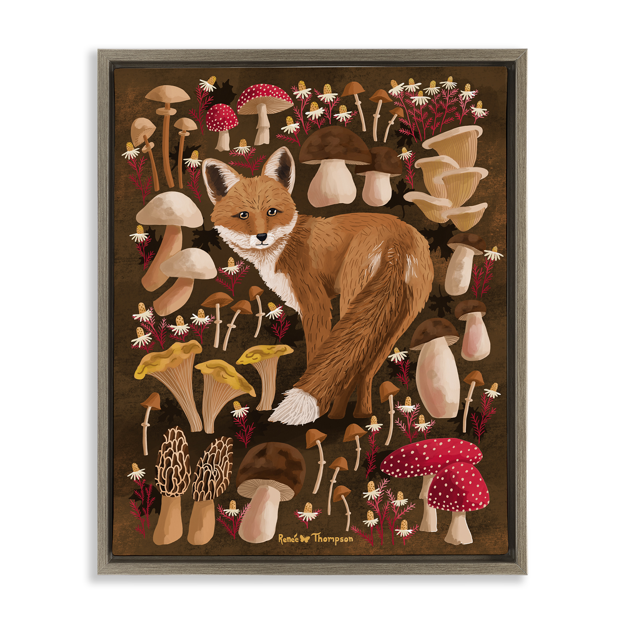 Stupell Industries Fox & Cottage Mushrooms Animals Painting Brown Floater Framed Canvas Art Print Wall Art, 17 x 21