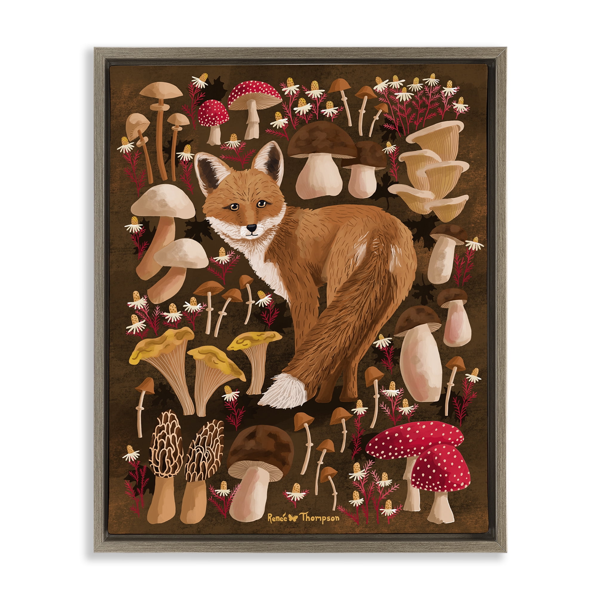 Stupell Industries Fox & Cottage Mushrooms Animals Painting Brown Floater Framed Canvas Art Print Wall Art, 25 x 31