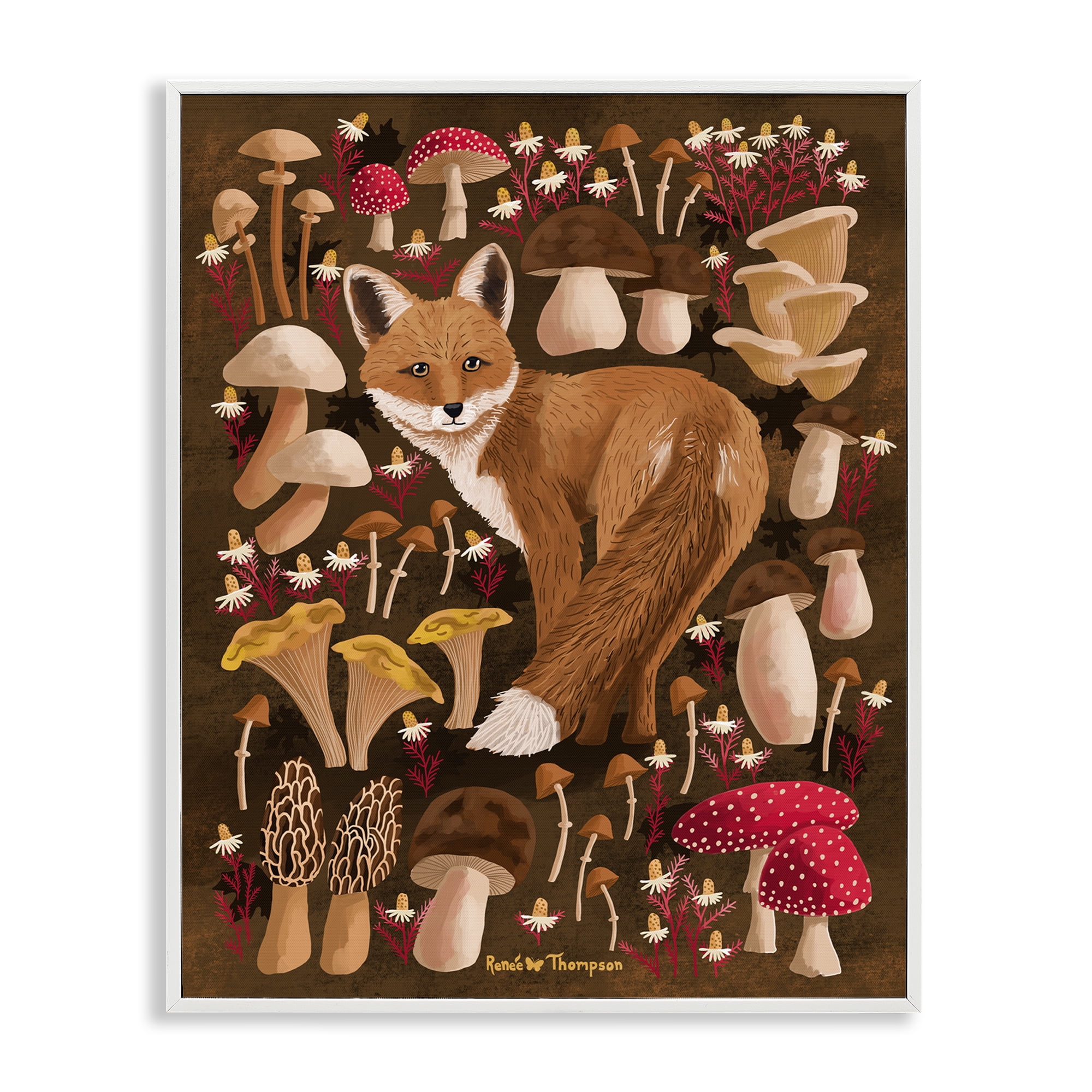 Stupell Industries Fox & Cottage Mushrooms Animals Painting White Framed Art Print Wall Art, 11 x 14