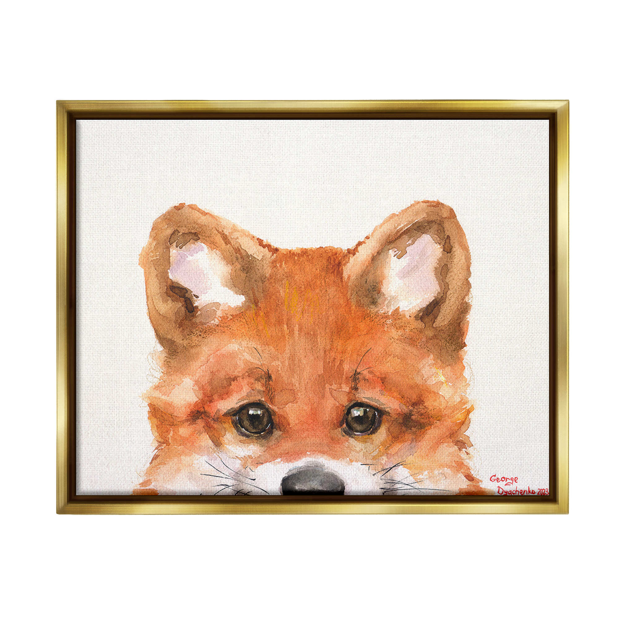 Stupell Industries Fox Cub Peeking Animals & Insects Painting Gold Floater Framed Canvas Art Print Wall Art, 31 x 25