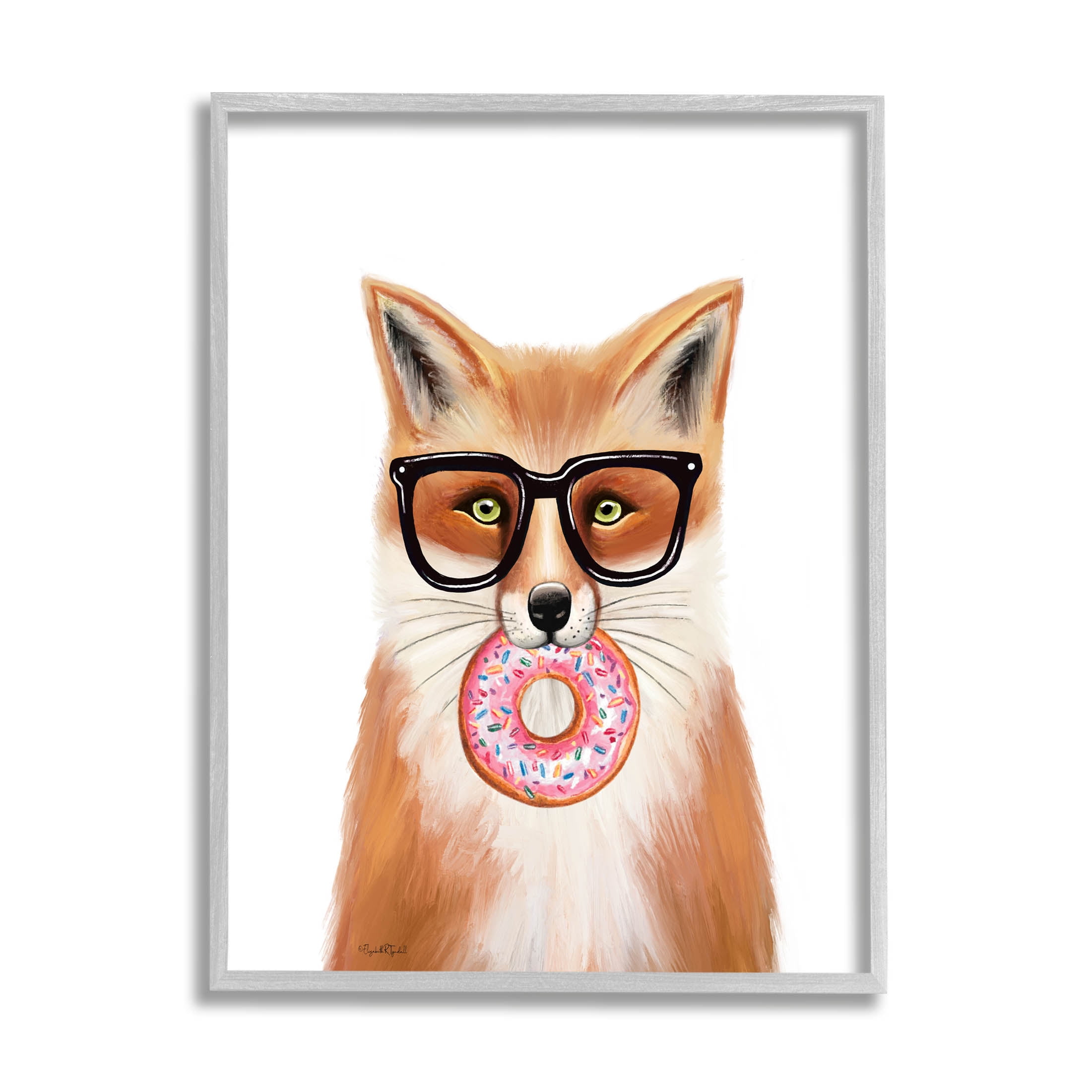 Stupell Industries Fox Holding Donut Wearing Glasses Graphic Art Gray Framed Art Print Wall Art, Design by Elizabeth Tyndall