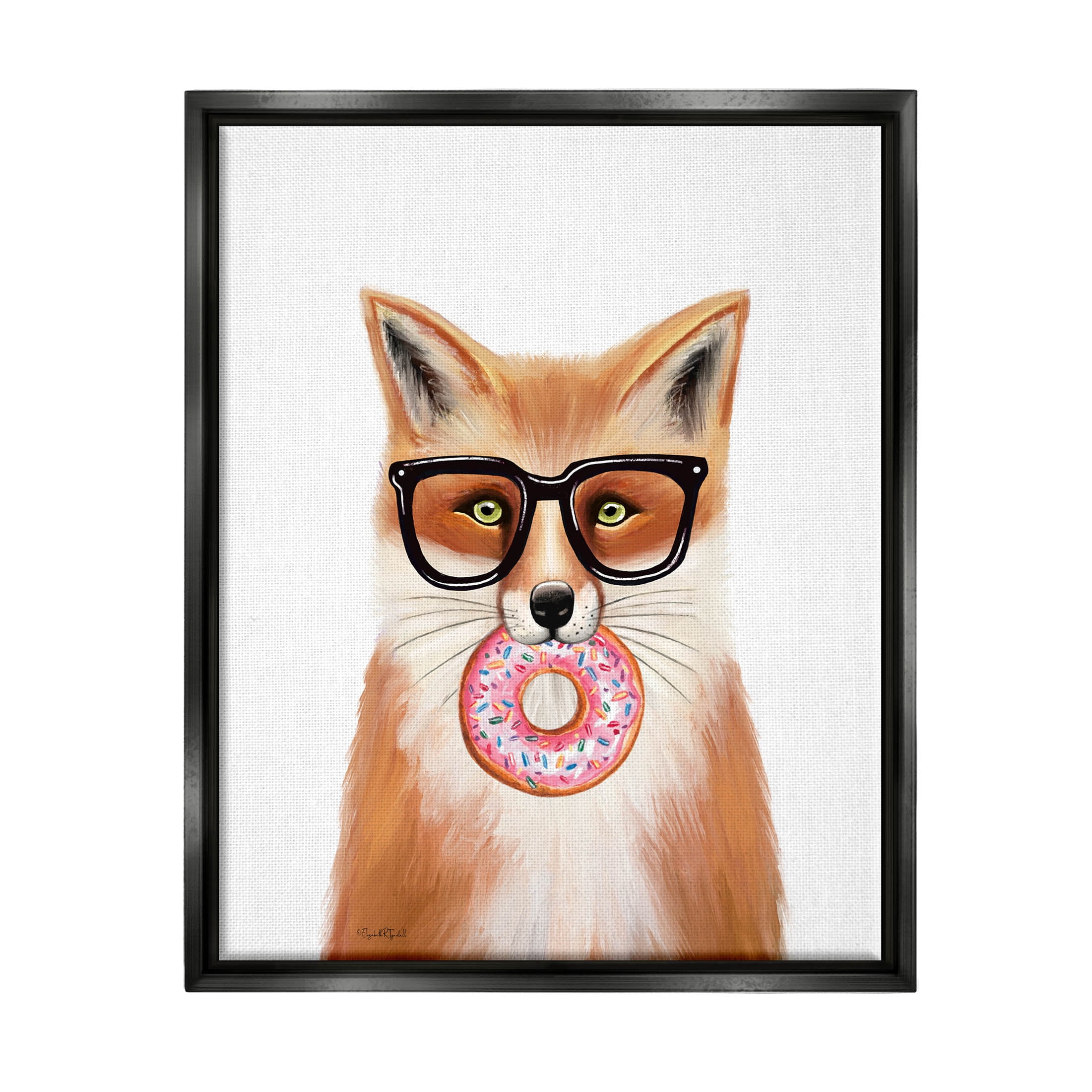 Stupell Industries Fox Holding Donut Wearing Glasses Graphic Art Jet Black Floating Framed Canvas Print Wall Art, Design by Elizabeth Tyndall