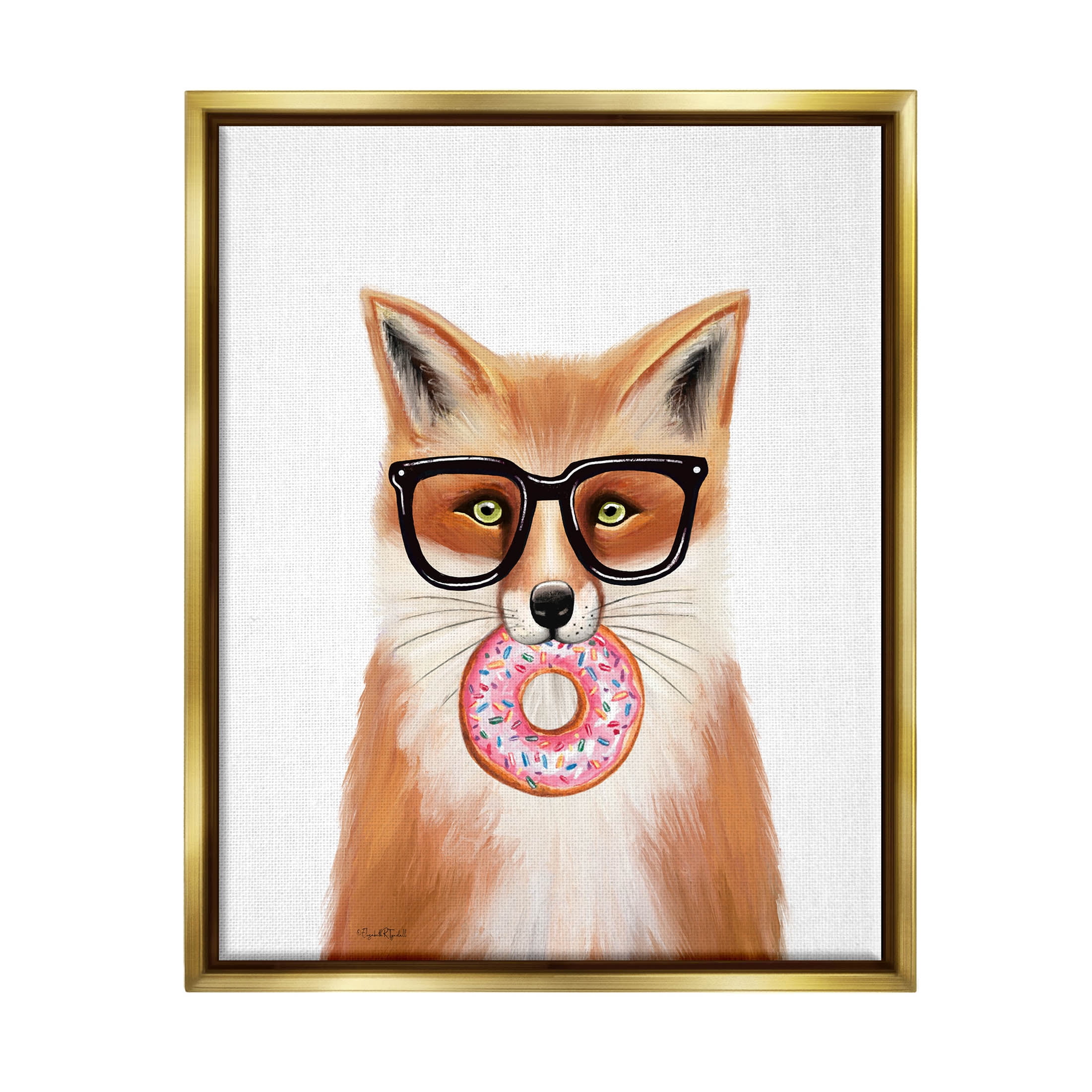 Stupell Industries Fox Holding Donut Wearing Glasses Graphic Art Metallic Gold Floating Framed Canvas Print Wall Art, Design by Elizabeth Tyndall