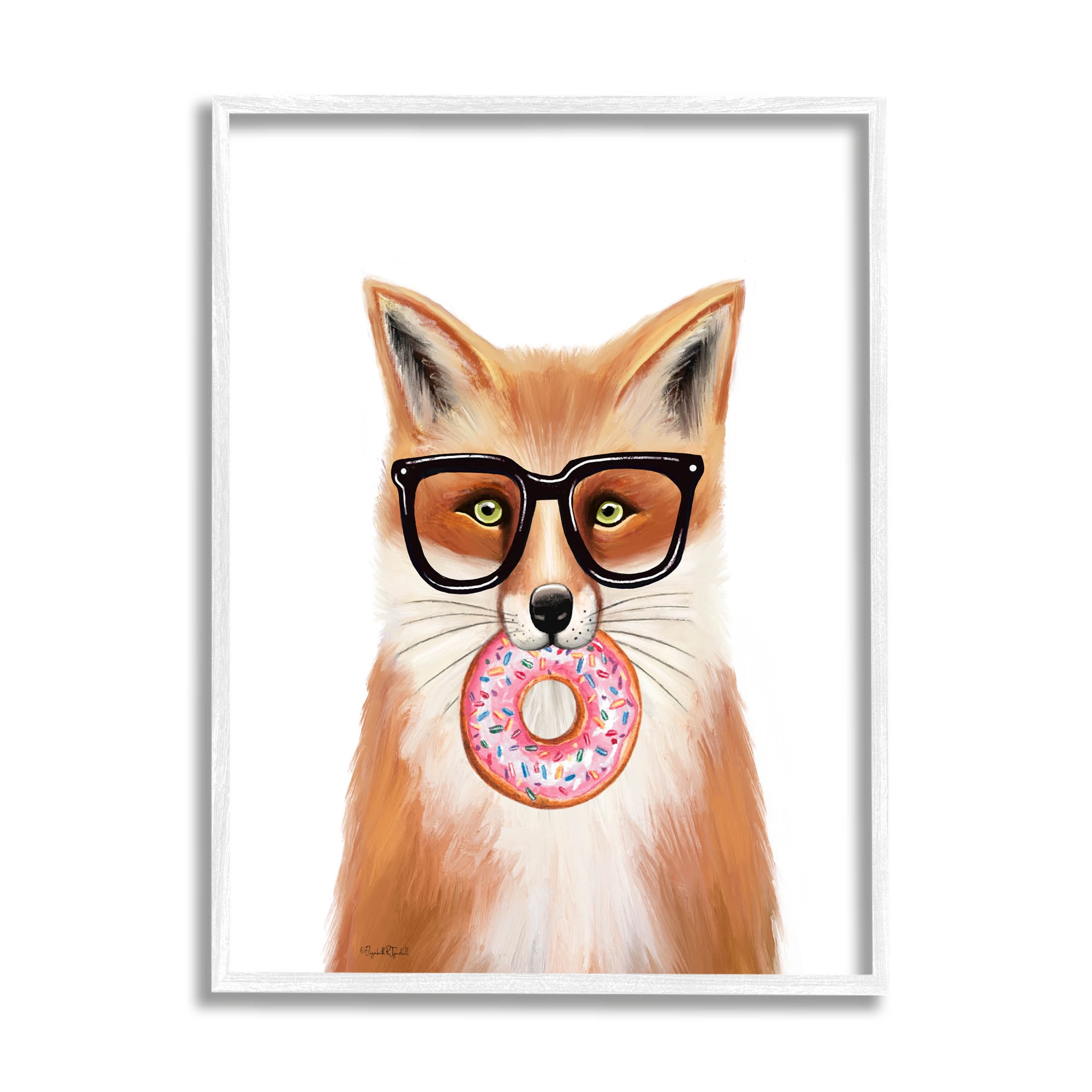 Stupell Industries Fox Holding Donut Wearing Glasses Graphic Art White Framed Art Print Wall Art, Design by Elizabeth Tyndall
