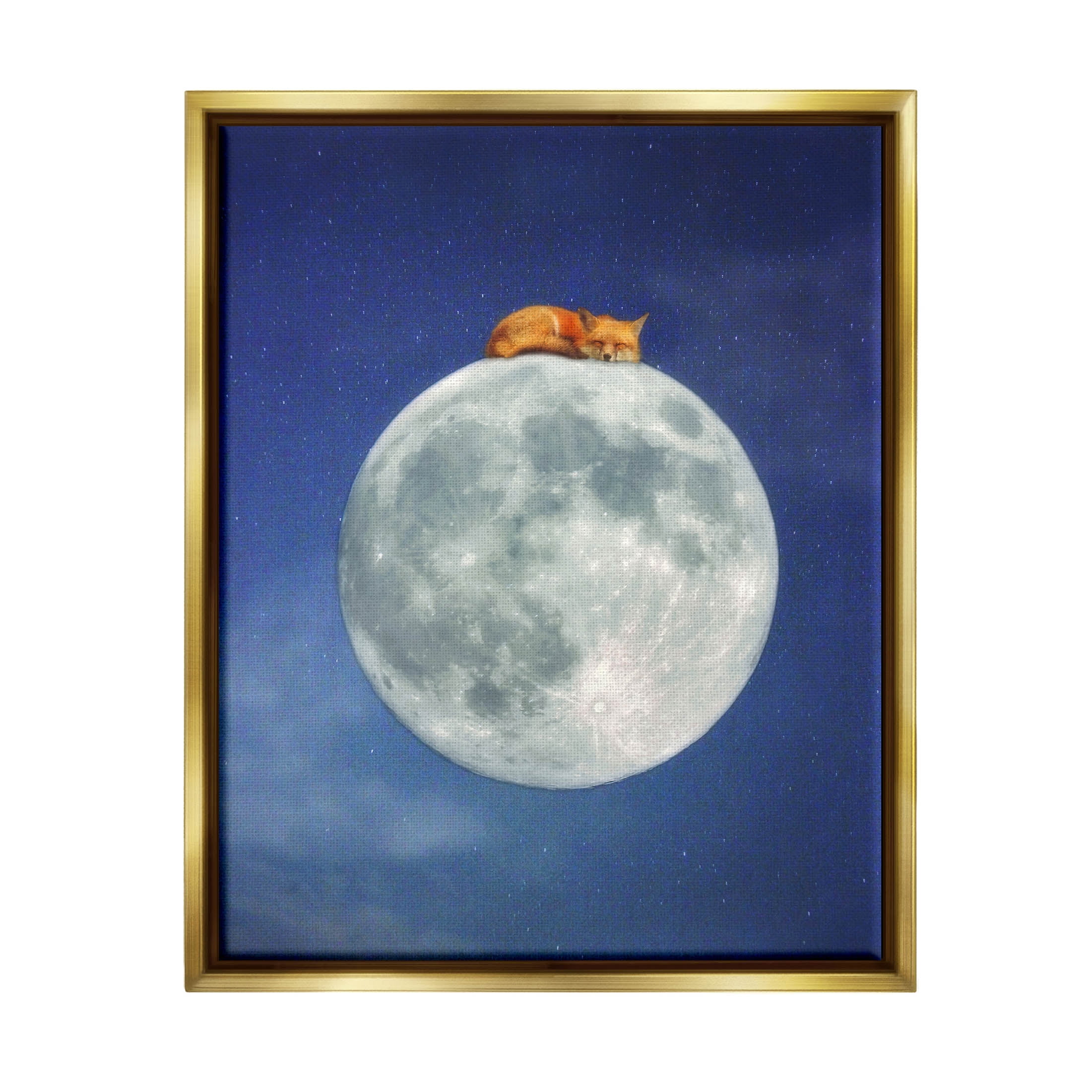 Stupell Industries Fox Sleeping Night Sky Moon Graphic Art Metallic Gold Floating Framed Canvas Print Wall Art, Design by Carrie Ann Grippo-Pike