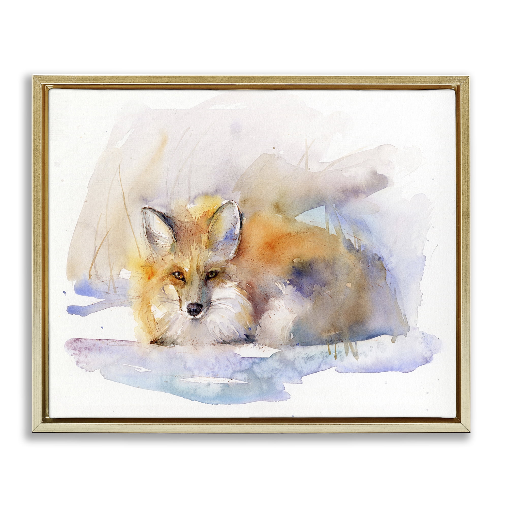 Stupell Industries Fox Sleeping in Snow Animals & Insects Painting Gold Floater Framed Canvas Art Print Wall Art, 21 x 17