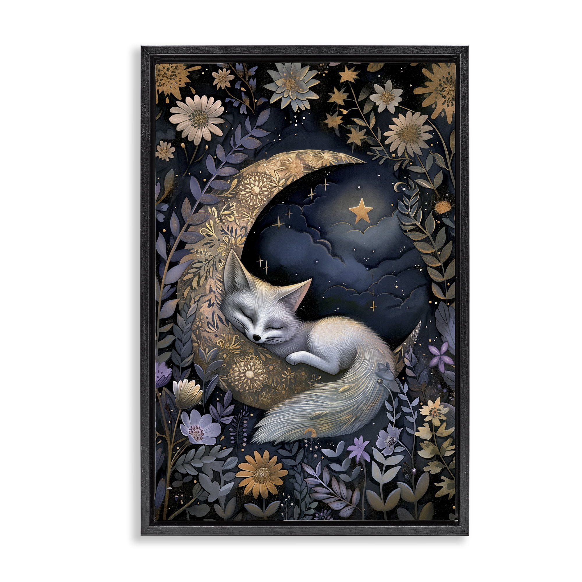 Stupell Industries Fox Sleeping on Moon Animals & Insects Painting Black Floater Framed Art Print Wall Art, 17 x 25