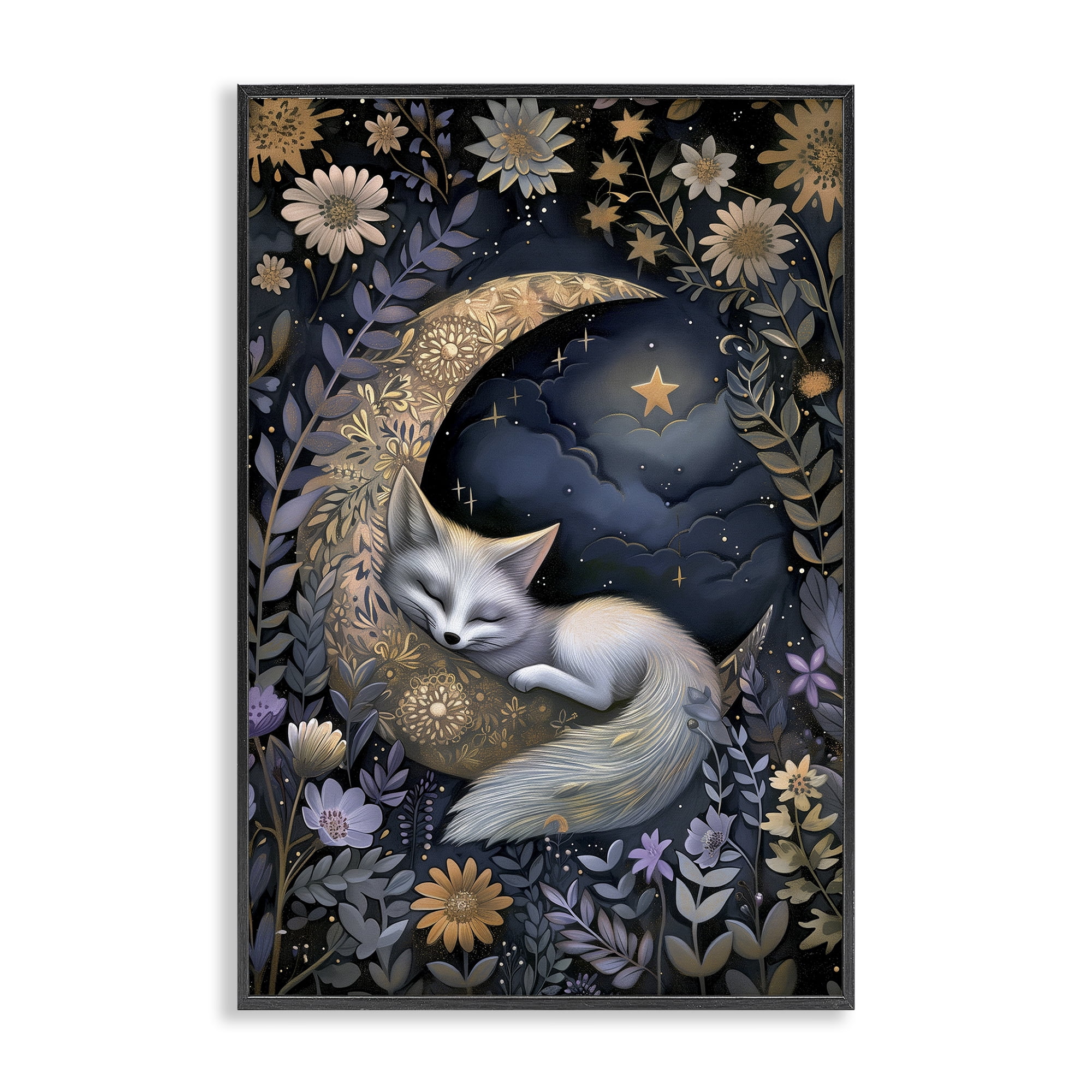 Stupell Industries Fox Sleeping on Moon Animals & Insects Painting Black Framed Art Print Wall Art, 12 x 18