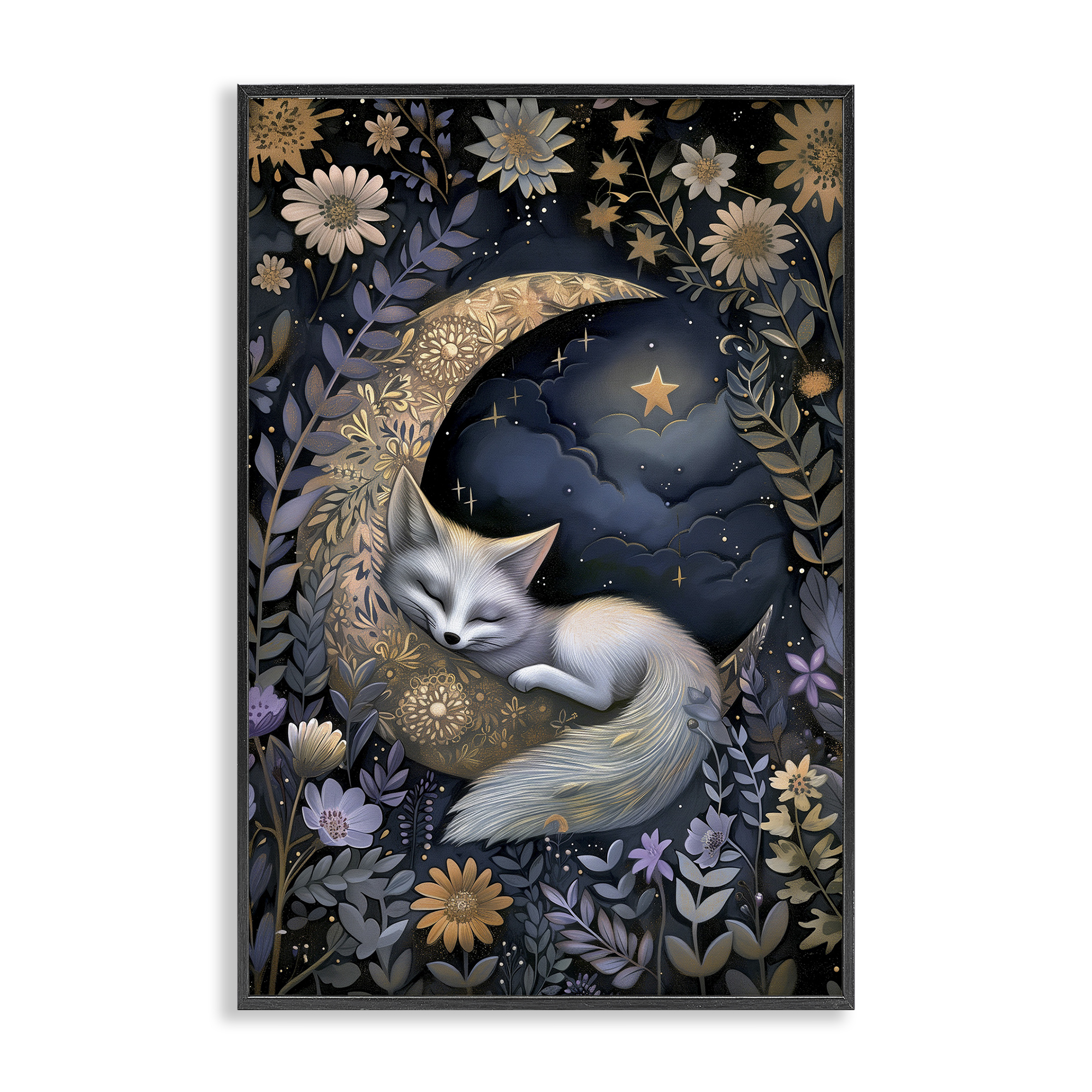 Stupell Industries Fox Sleeping on Moon Animals & Insects Painting Black Framed Art Print Wall Art, 16 x 24