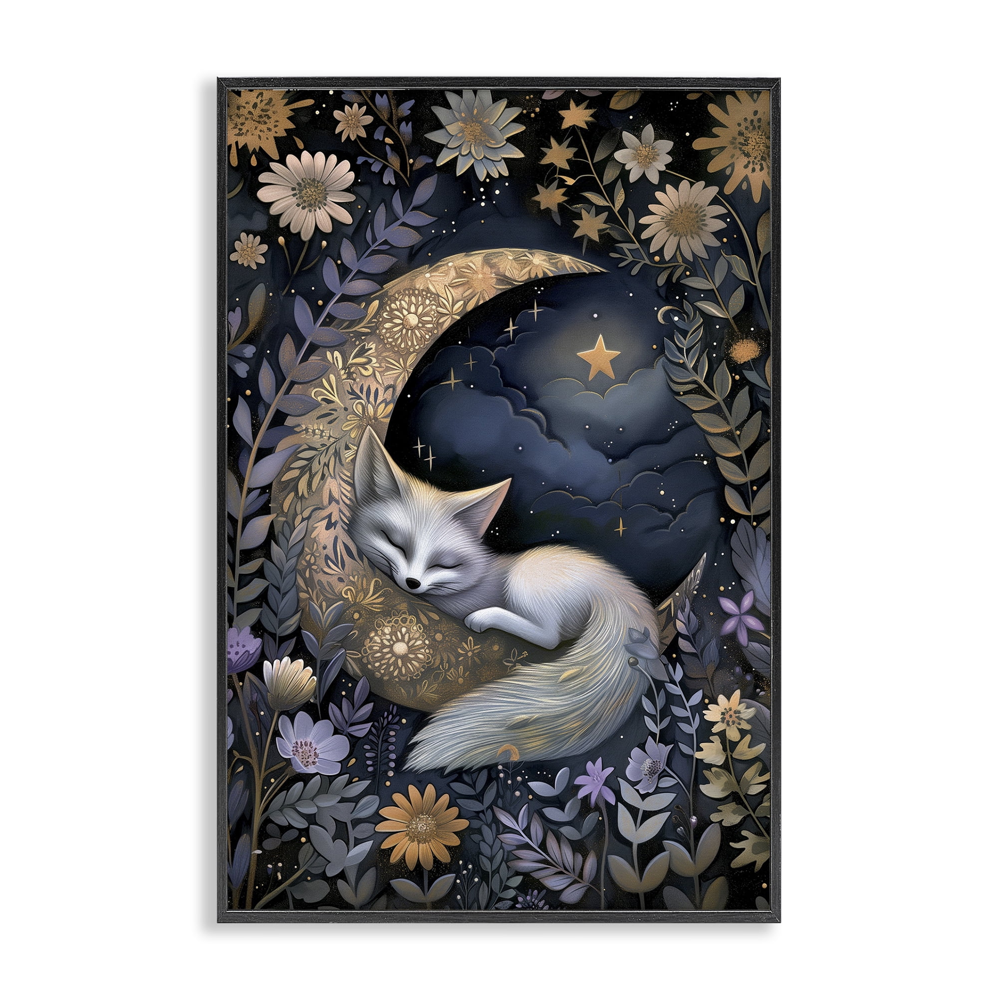 Stupell Industries Fox Sleeping on Moon Animals & Insects Painting Black Framed Art Print Wall Art, 20 x 30