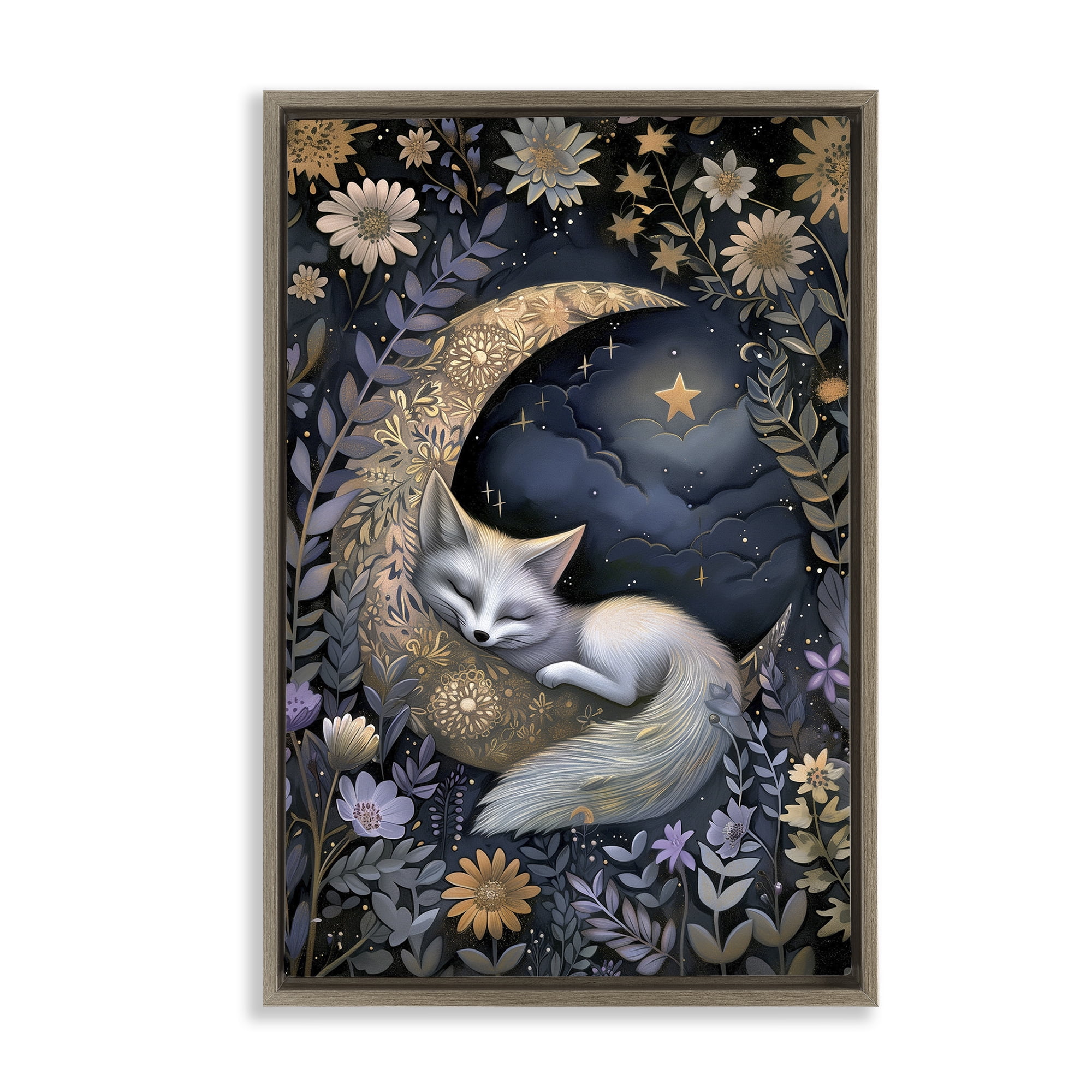 Stupell Industries Fox Sleeping on Moon Animals & Insects Painting Brown Floater Framed Art Print Wall Art, 21 x 31
