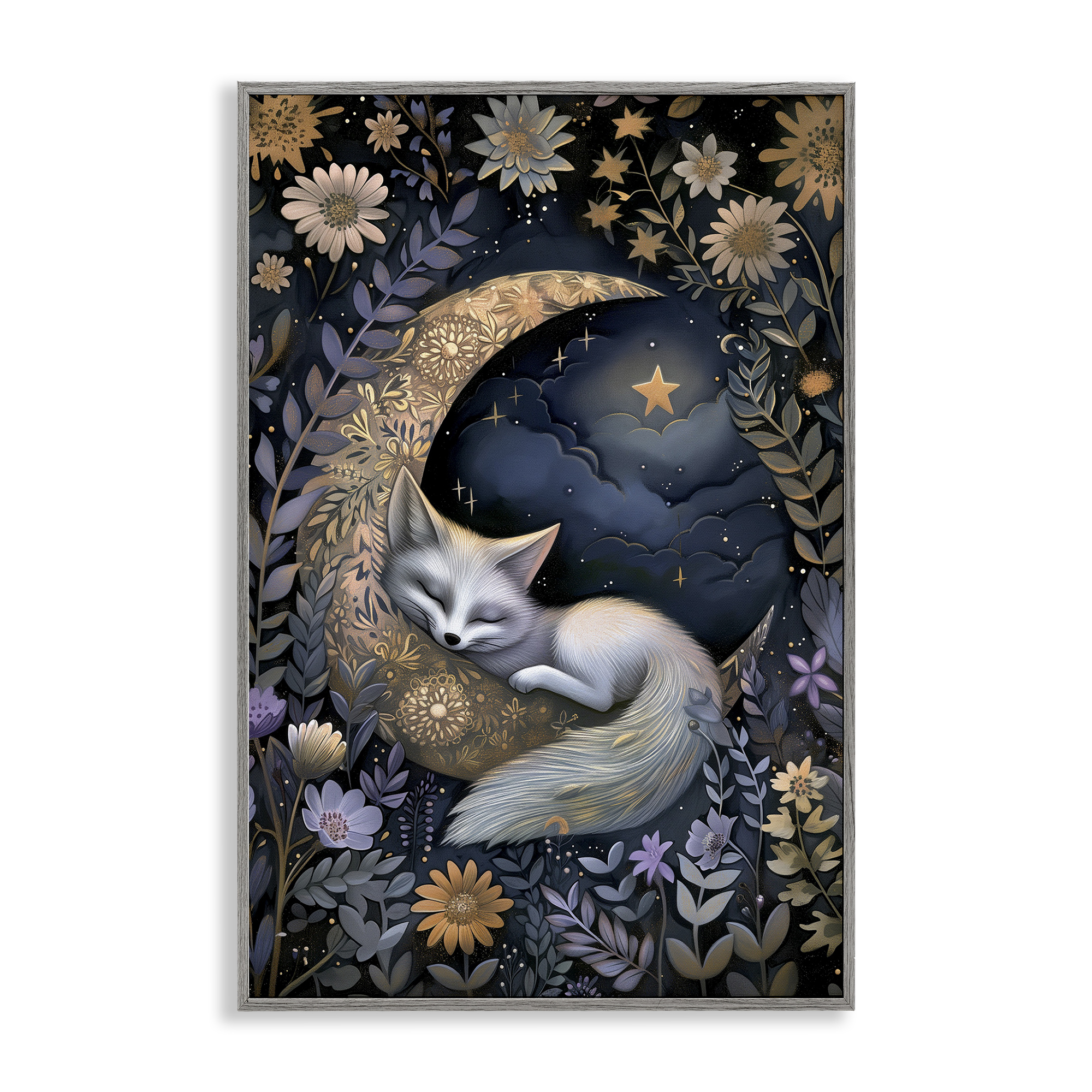 Stupell Industries Fox Sleeping on Moon Animals & Insects Painting Gray Framed Art Print Wall Art, 20 x 30